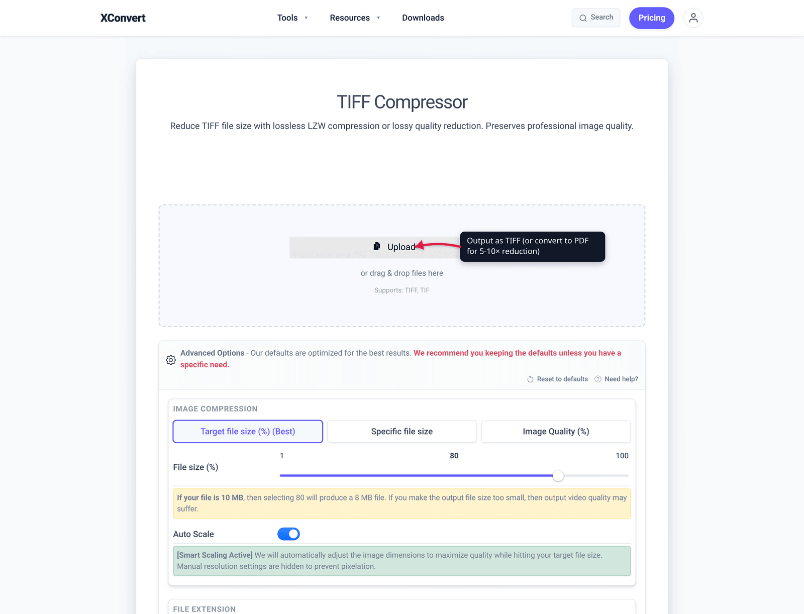 TIFF compressor showing the file extension dropdown and compression options
