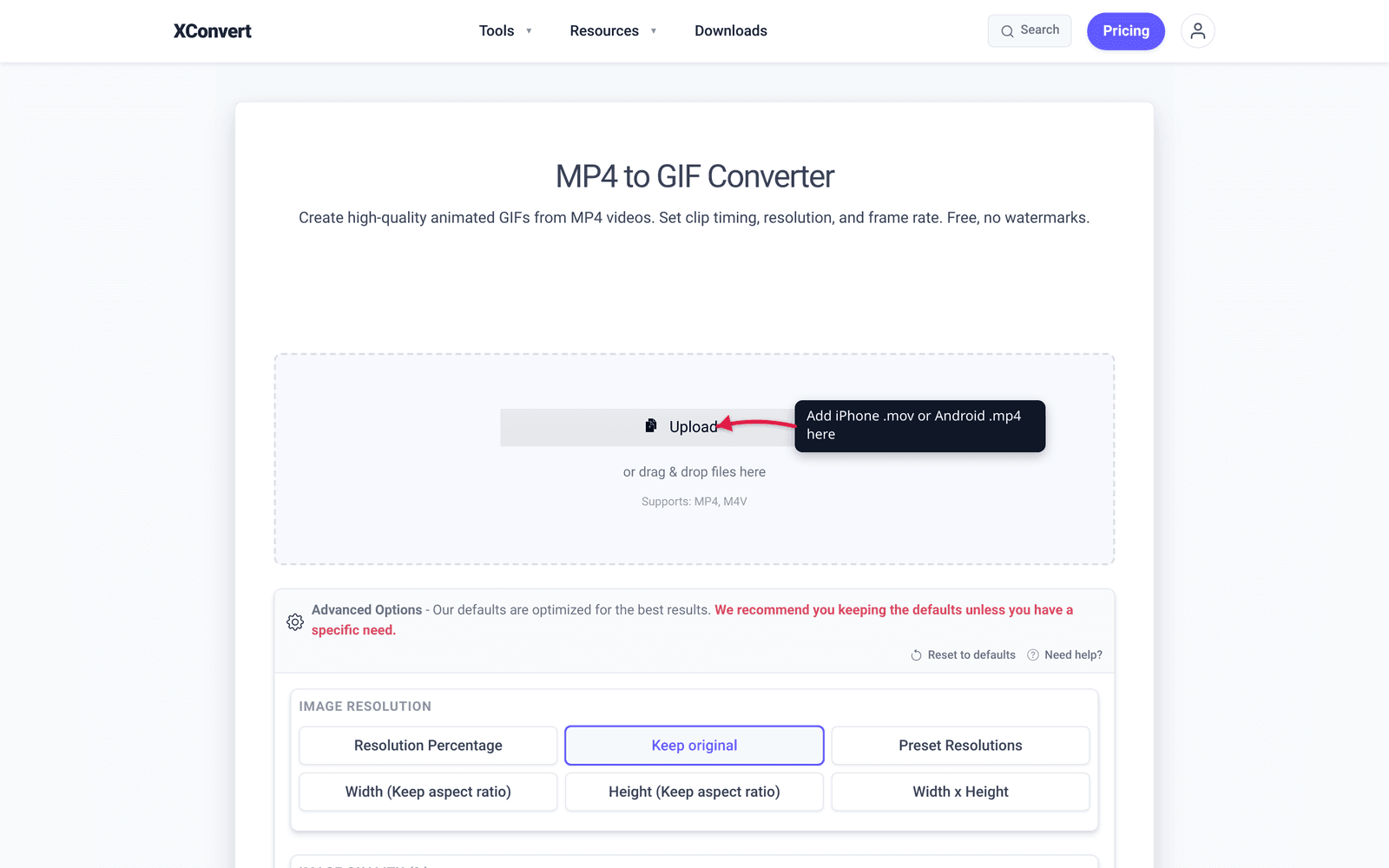MP4 to GIF converter showing the upload area and conversion settings
