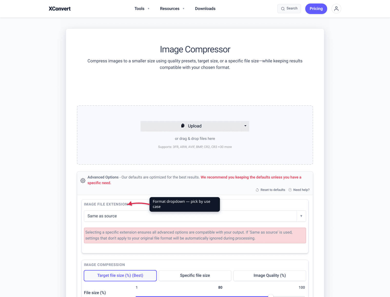 Image compressor with file extension dropdown showing PNG, JPG, WebP options