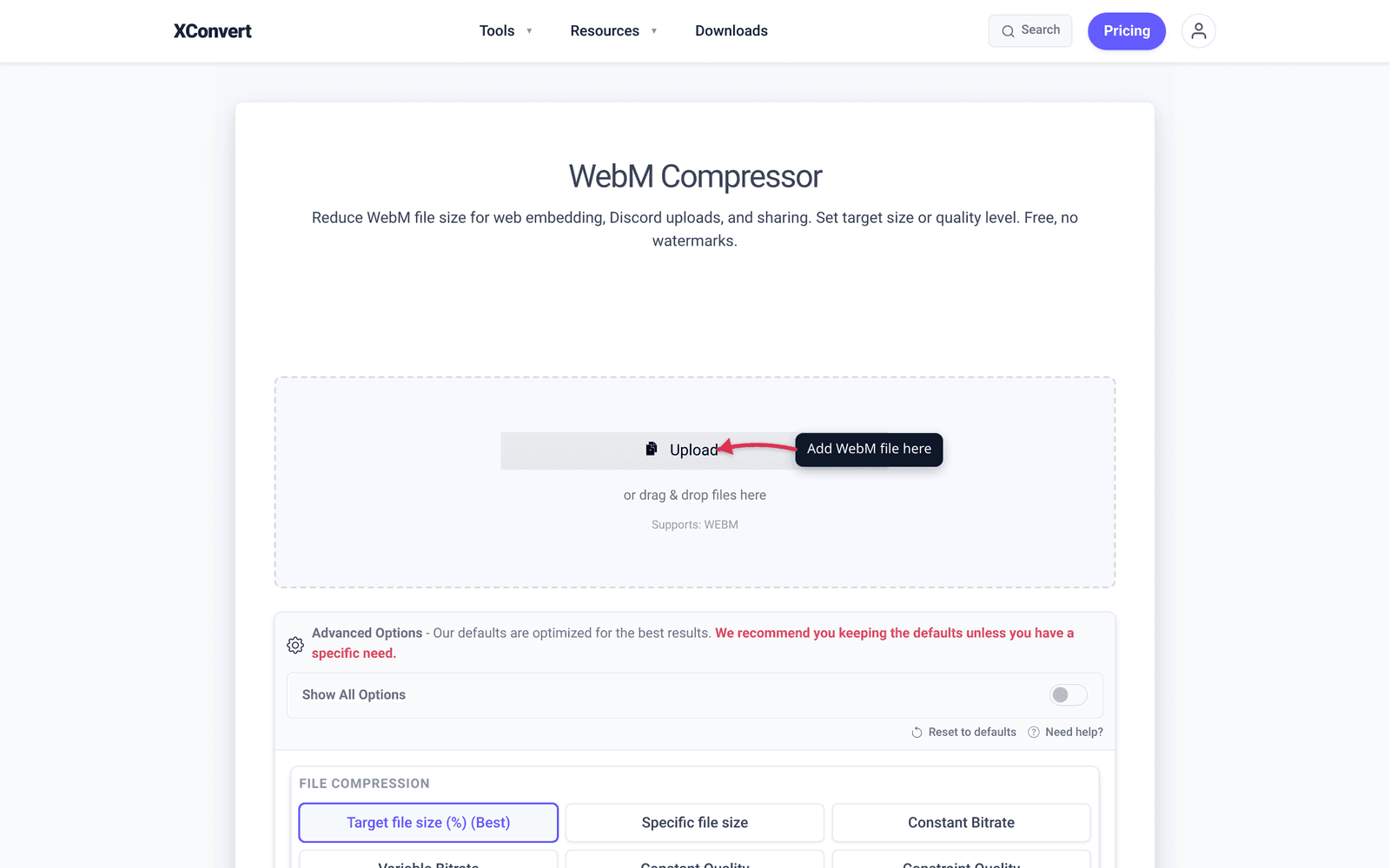 WebM compressor showing video compression options