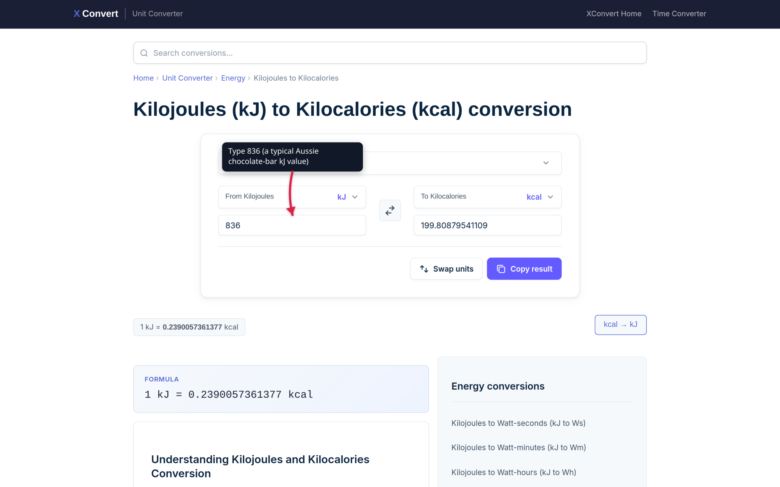 The kilojoules to calories converter showing 836 kJ in the input and 199.81 kcal in the output