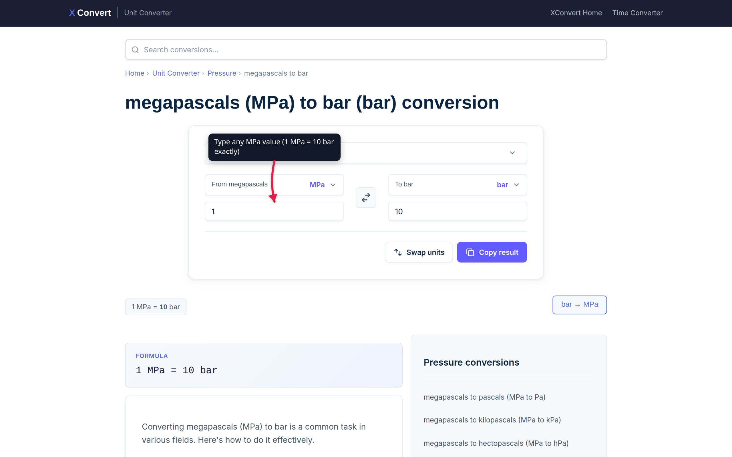 MPa to bar converter showing 1 MPa input with 10 bar output and conversion formula displayed