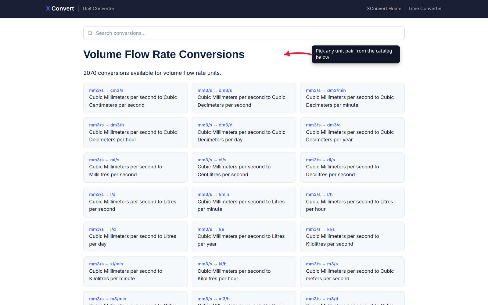 Full view of the xconvert Volume Flow Rate listing page showing each flow-rate unit pair as a separate converter link