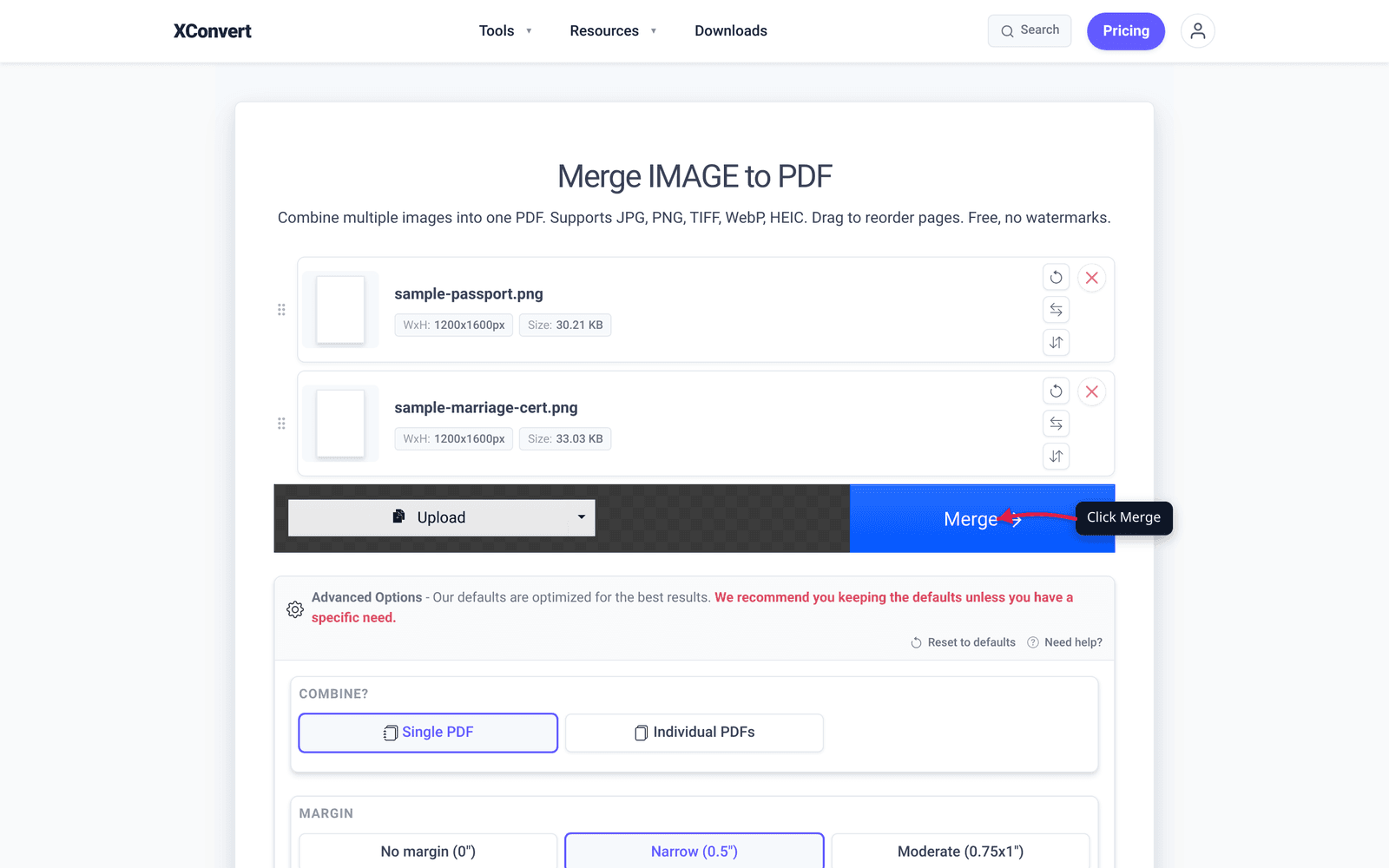 Two sample documents uploaded to the merge tool with a callout next to the orange Merge button reading 'Click Merge'
