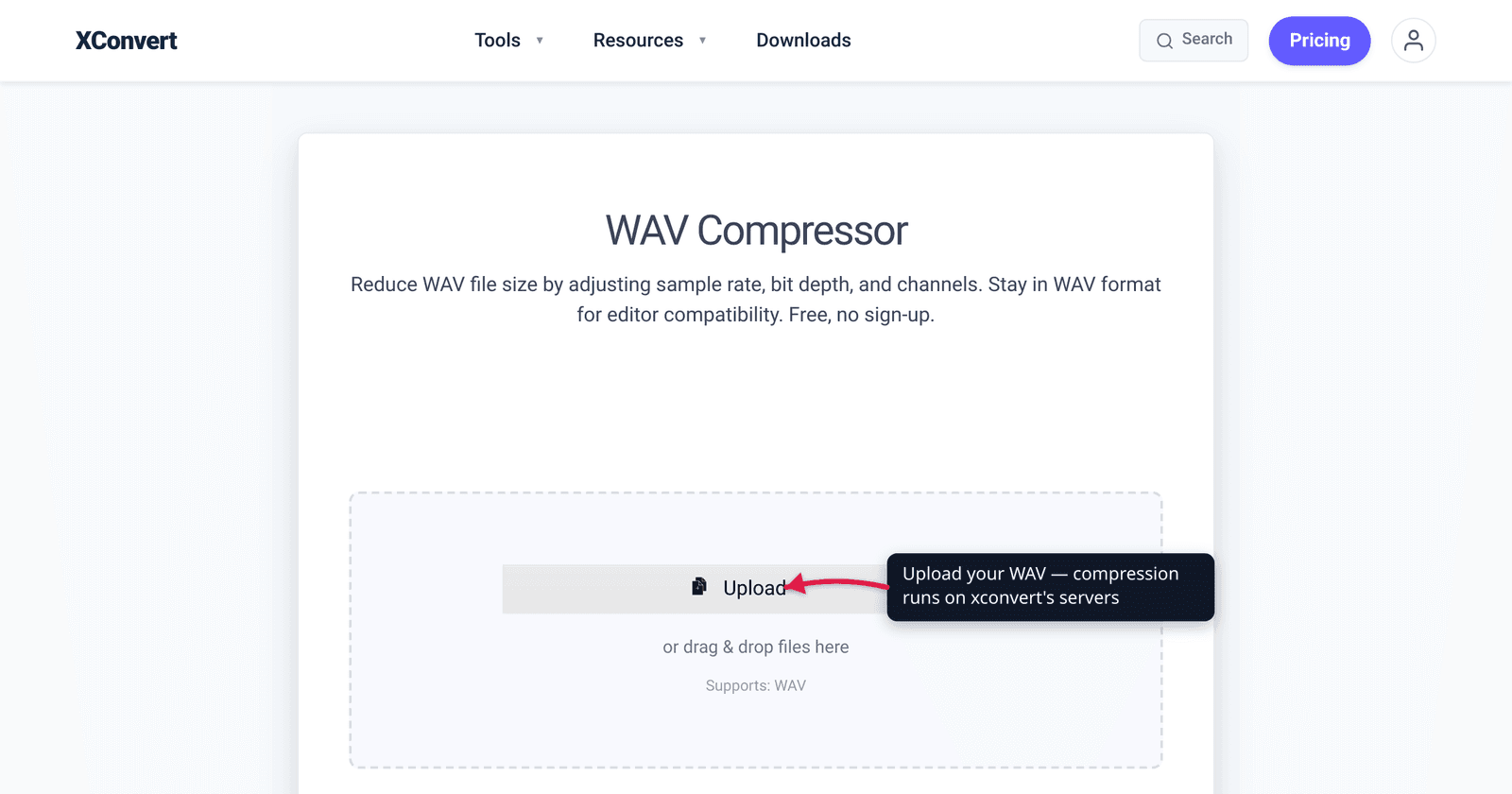 The xconvert WAV Compressor at /compress-wav with the Add Files upload button highlighted — upload a WAV and convert it to FLAC (lossless) or MP3 (lossy).