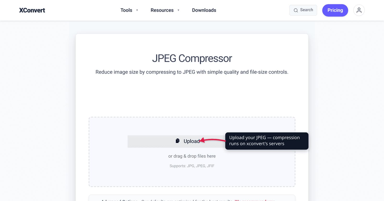 The xconvert JPEG Compressor at /compress-jpeg with the Upload button highlighted — add a JPG and set quality, target size, or scaling to shrink it.