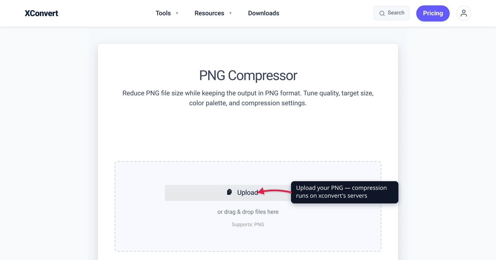The xconvert PNG Compressor at /compress-png with the Upload button highlighted — add a PNG to shrink it with lossless or color-reduction settings.