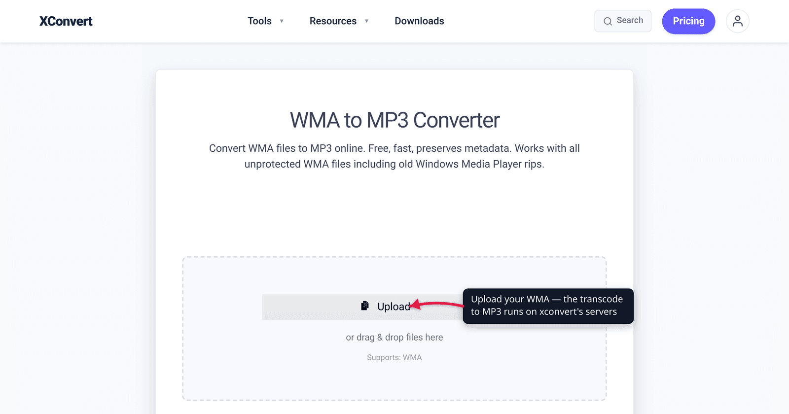 The xconvert WMA to MP3 converter at /convert-wma-to-mp3 with the Upload button highlighted — add your .wma file and convert it to a universally playable MP3.