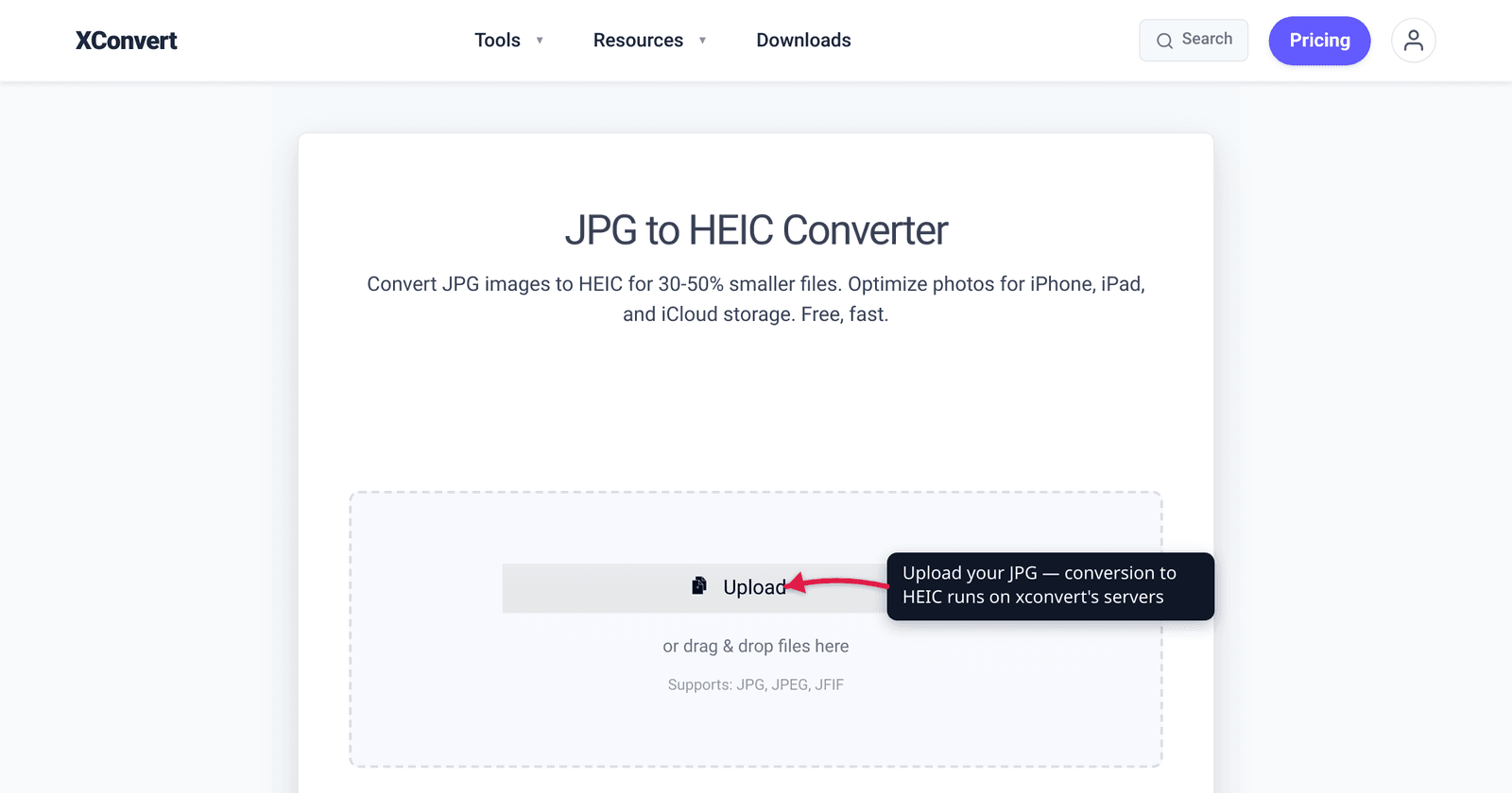 The xconvert JPG to HEIC Converter at /convert-jpg-to-heic with the Upload button highlighted — add JPG or PNG files to convert them to smaller HEIC images.