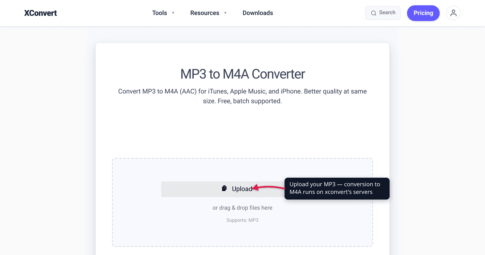 The xconvert MP3 to M4A converter at /convert-mp3-to-m4a with the + Add Files upload button highlighted — upload your MP3 to encode it as AAC in an M4A container.