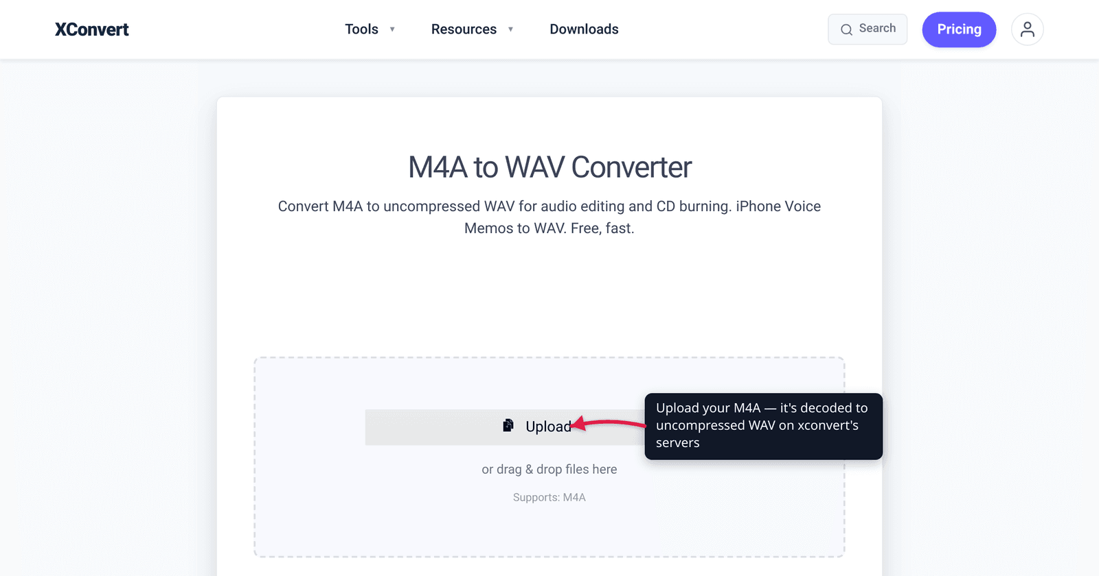 The xconvert M4A to WAV converter at /convert-m4a-to-wav with the Upload button highlighted — add your M4A and click Convert to get an uncompressed WAV.