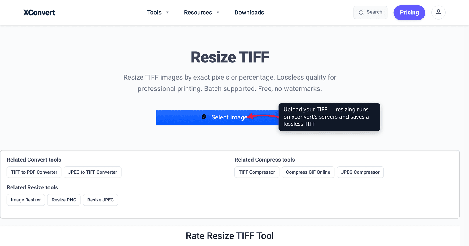 The xconvert Resize TIFF tool at /resize-tiff with the Select Image button highlighted — upload a TIFF to resize it by exact pixels or percentage.