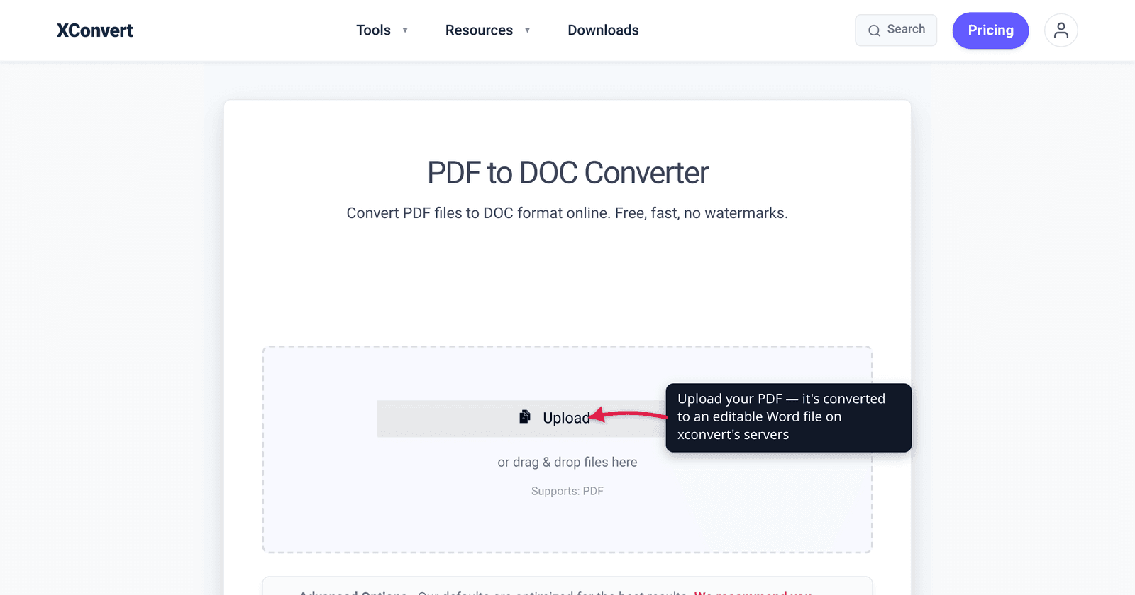 The xconvert PDF to DOC Converter at /convert-pdf-to-doc with the Upload button highlighted — drop a PDF to convert it to an editable Word file.