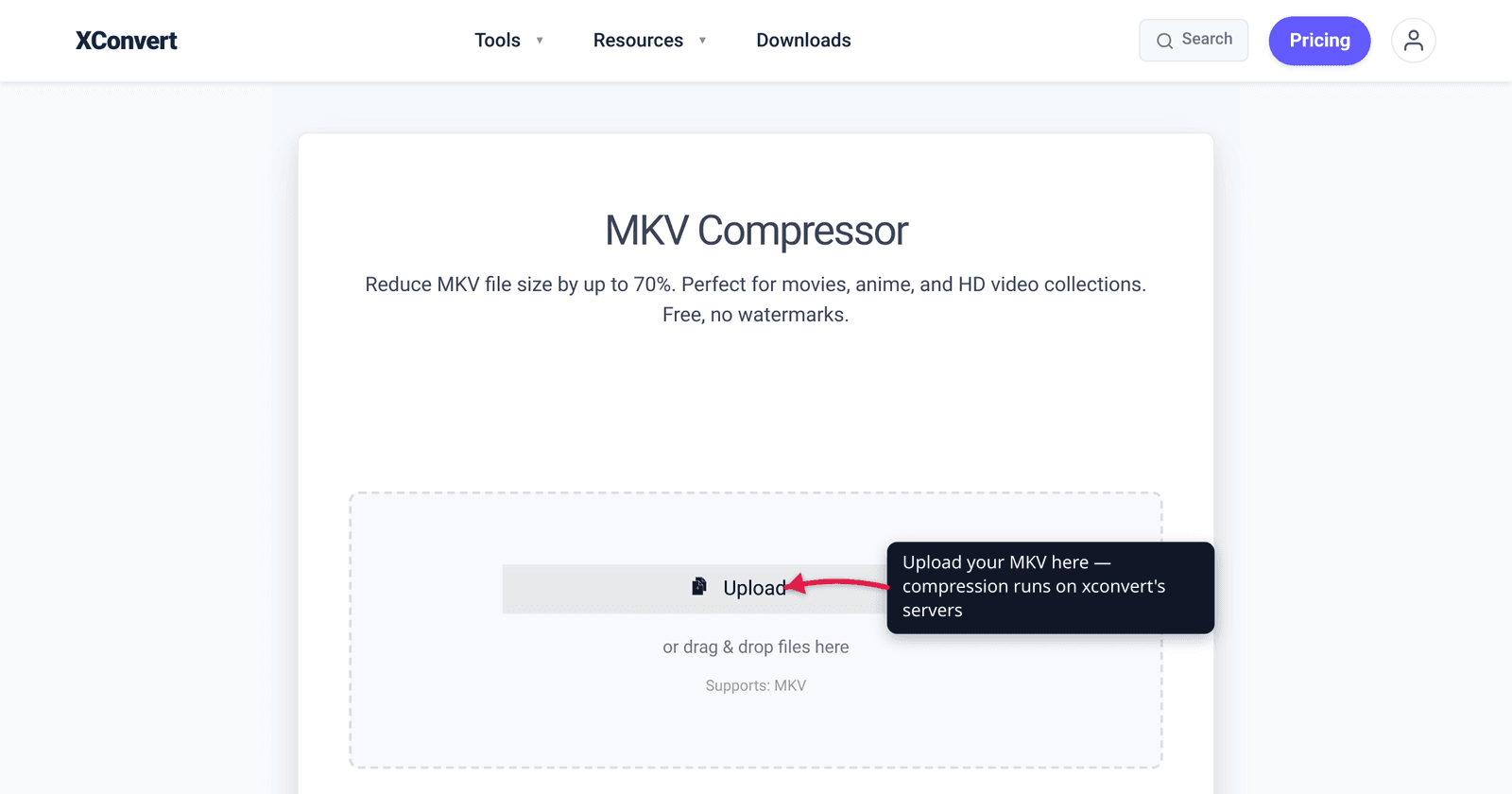 The xconvert MKV compressor at /compress-mkv with the Upload button highlighted — add your MKV and shrink it while keeping the MKV container.