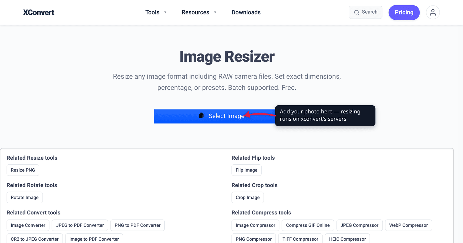 The xconvert Image Resizer at /image-resizer with the Select Image button highlighted — upload a photo to resize its pixel dimensions for the web