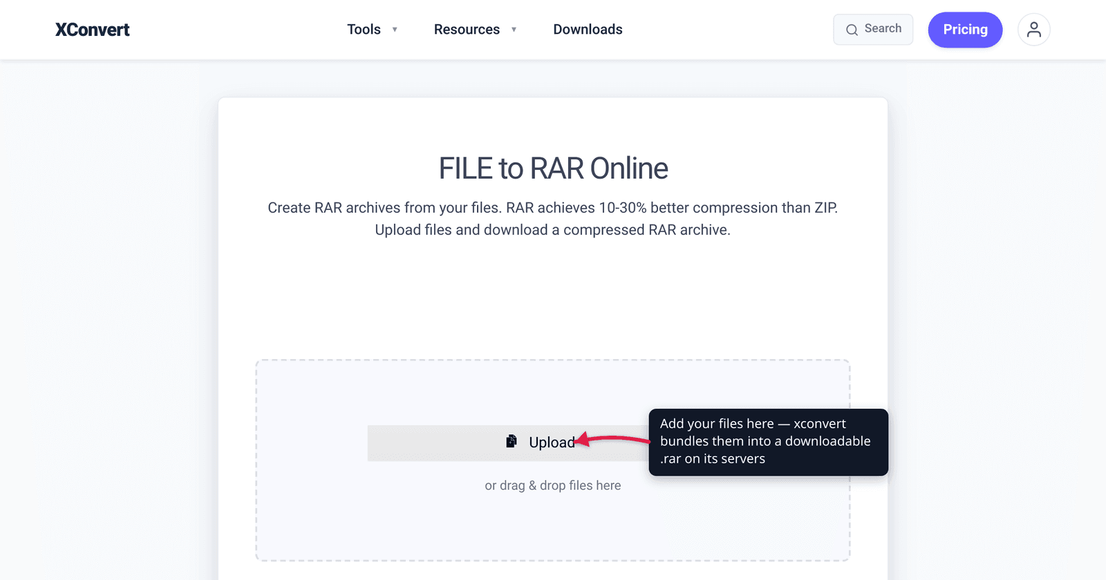 The xconvert archive-to-RAR tool at /archive-file-to-rar with the + Add Files button highlighted — upload your files to bundle them into a downloadable .rar archive.