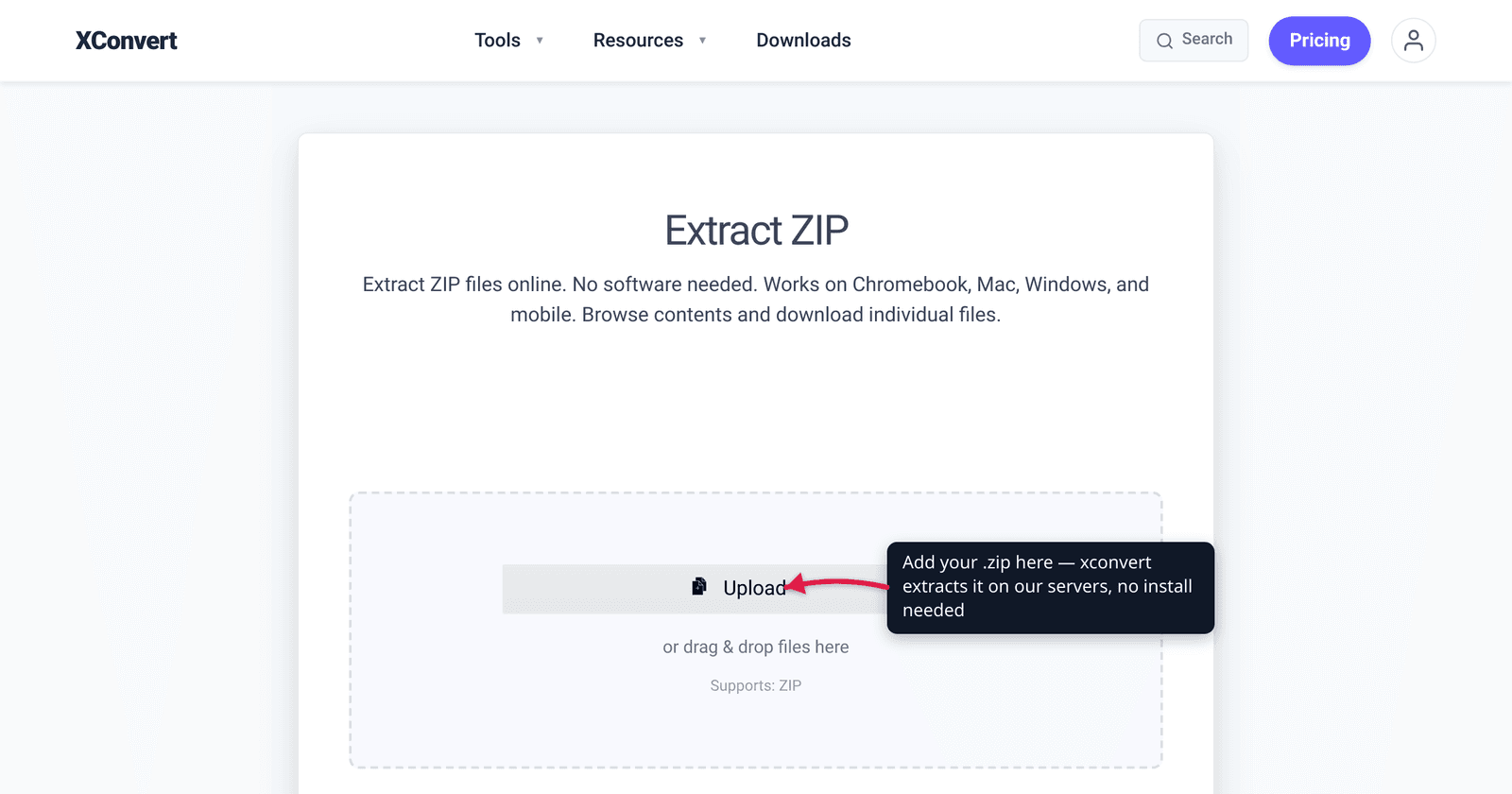 The xconvert Extract ZIP tool at /extract-zip with the + Add Files button highlighted — upload a ZIP to extract its contents online