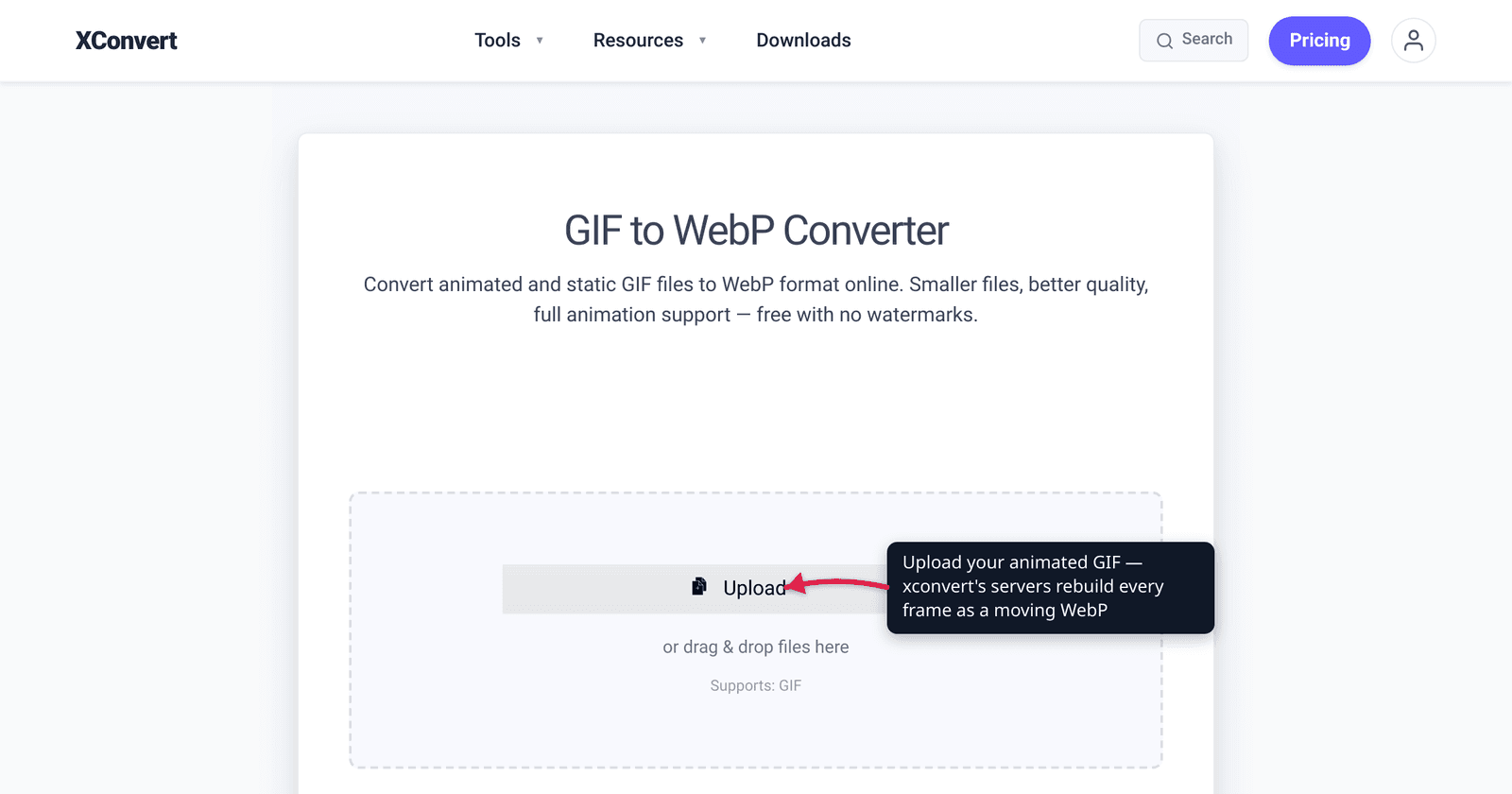 The xconvert GIF to WebP converter at /convert-gif-to-webp with the Upload button highlighted — convert your animated GIF into a looping animated WebP.