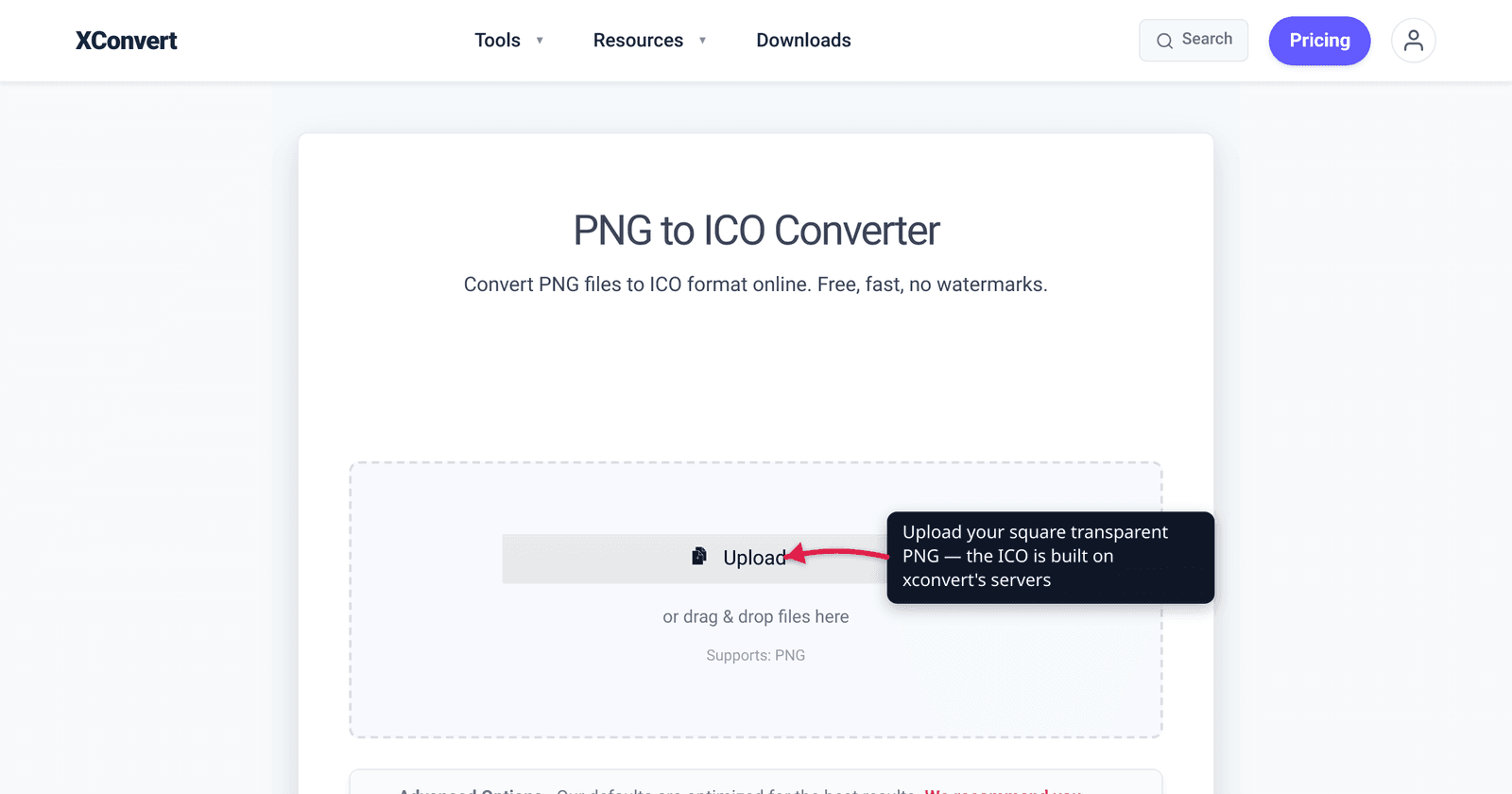 The xconvert JPEG to ICO converter at /convert-jpeg-to-ico with the Upload button highlighted — add a square image and convert it to a favicon.ico