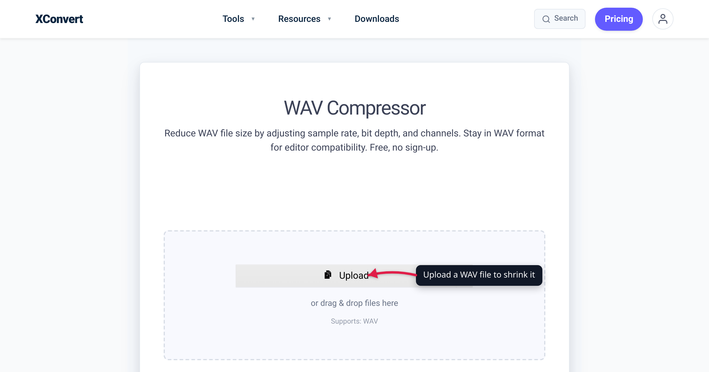 The xconvert tool at /compress-wav with the Upload button highlighted — upload a WAV file to shrink it