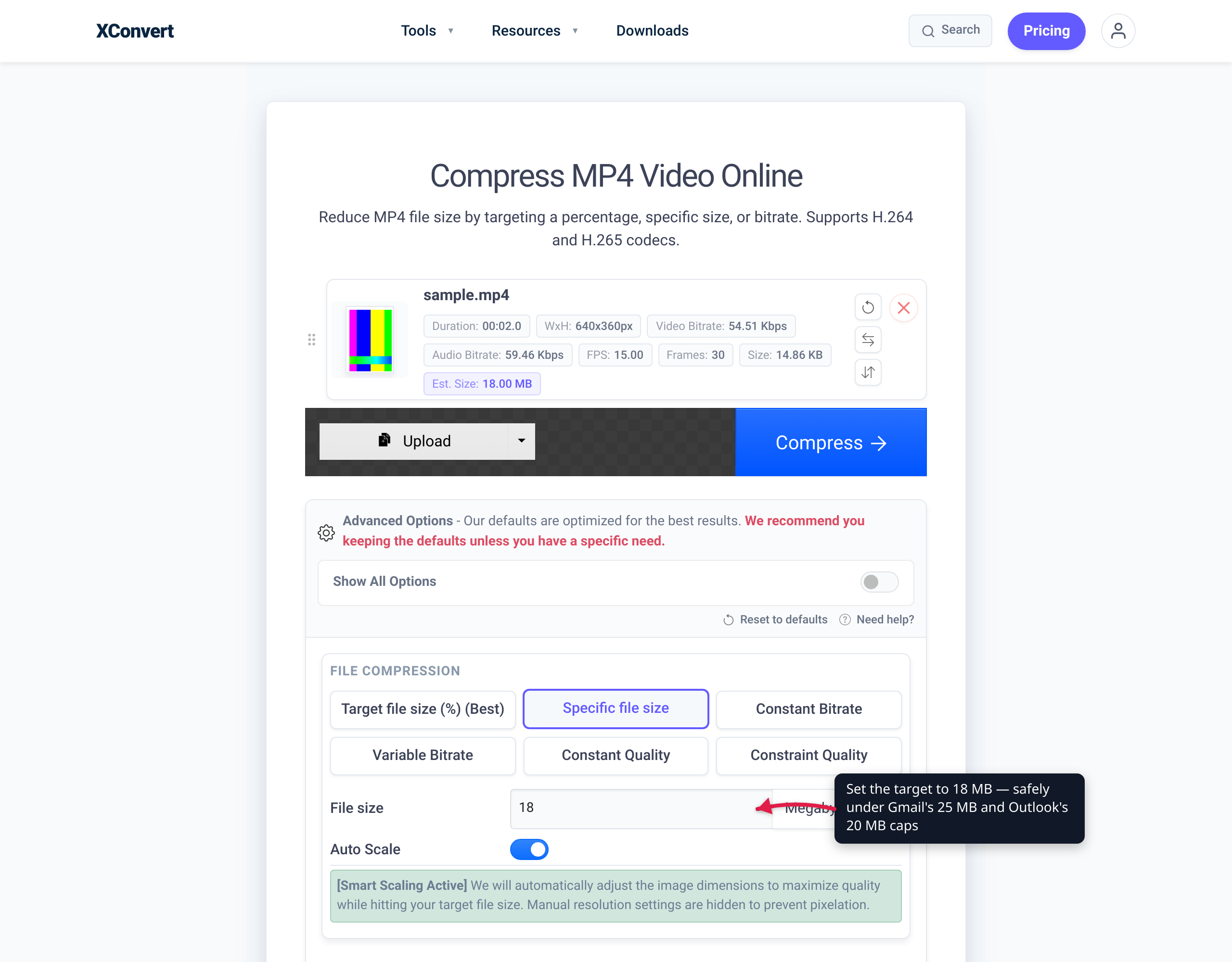 The xconvert MP4 compressor with a video loaded and the 'Specific file size' option highlighted, set to ~18 MB to fit an email attachment limit