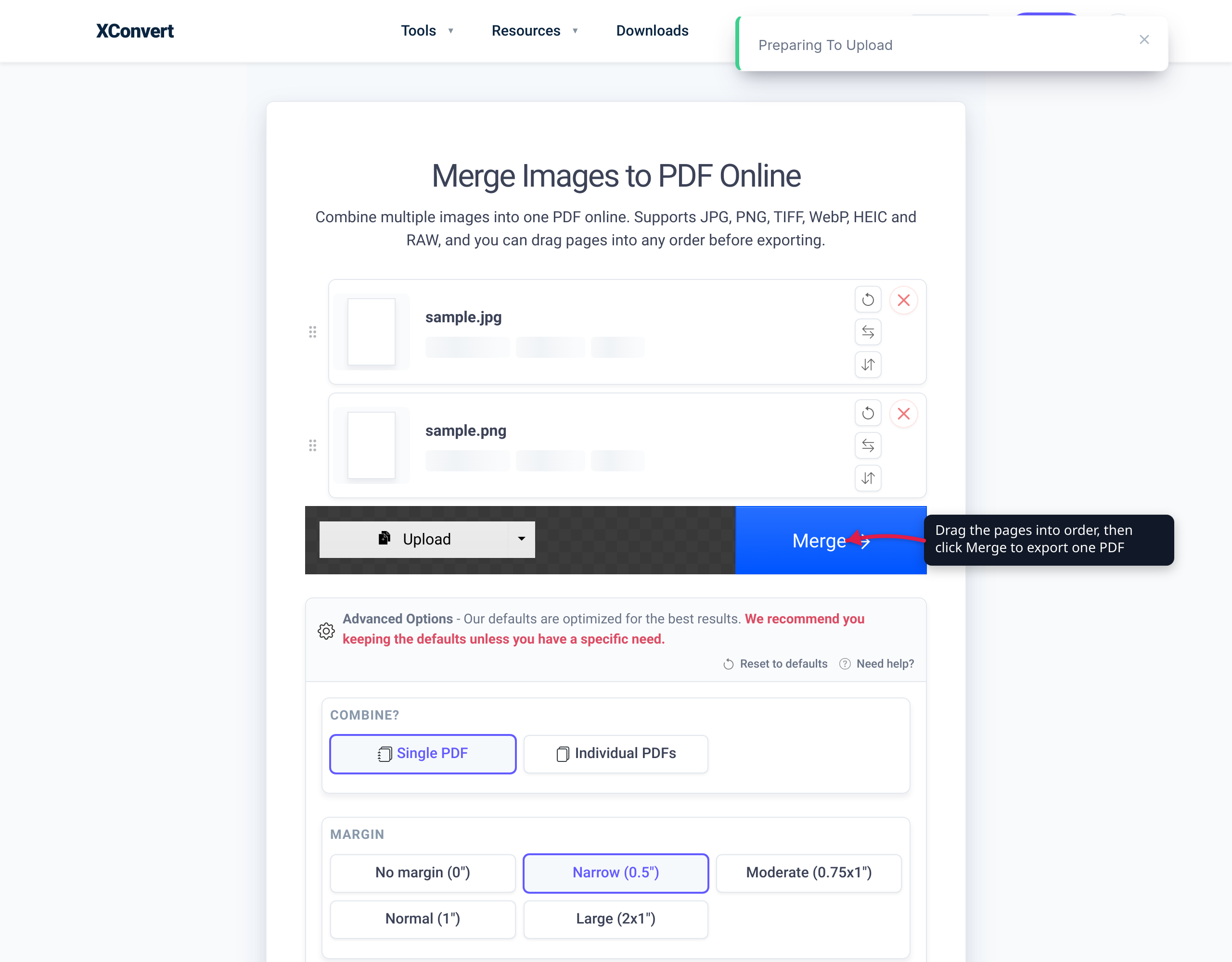The xconvert merge-images-to-PDF tool with two photos queued, ready to merge into one PDF
