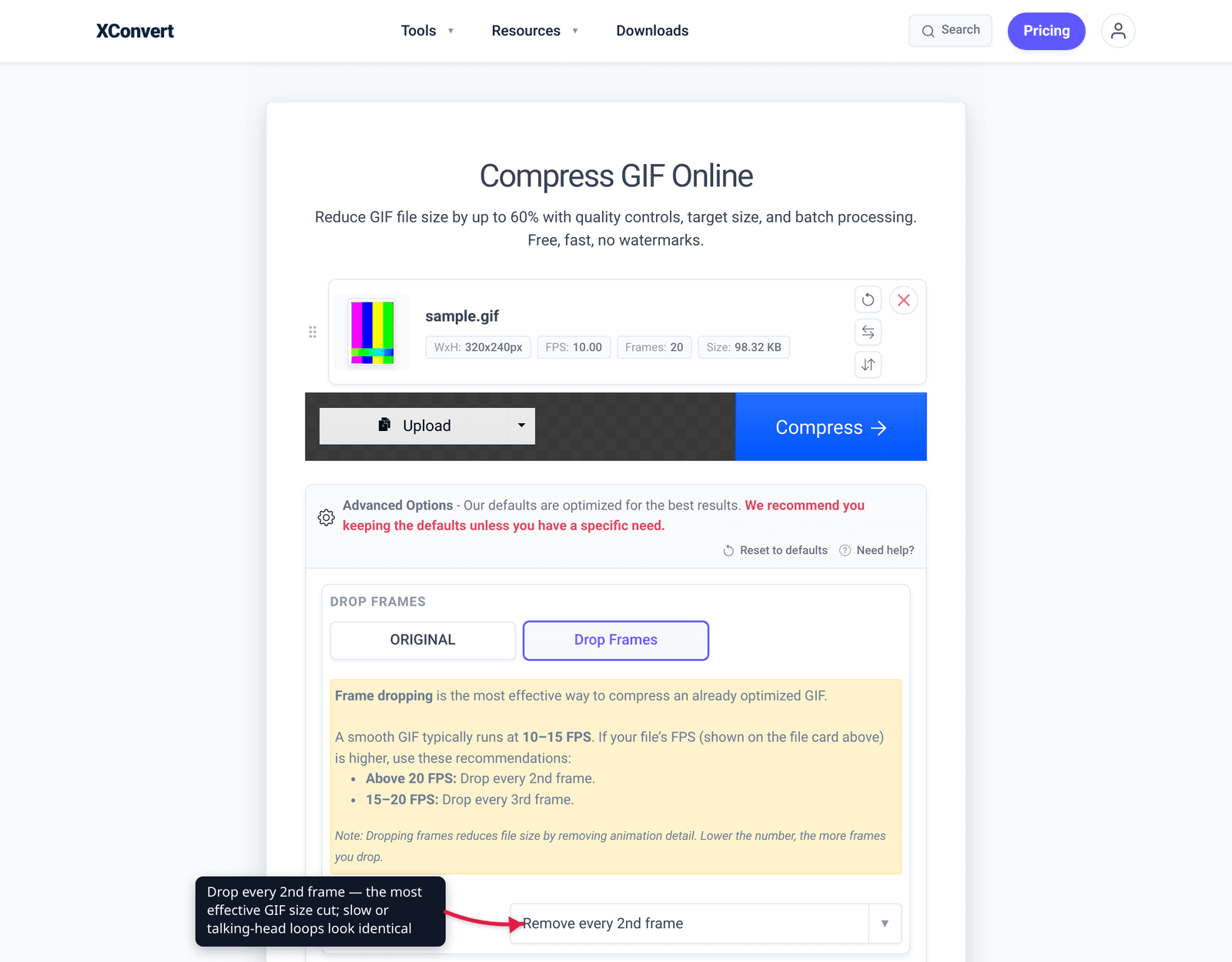Drop every 2nd frame — the most effective GIF size cut; slow or talking-head loops look identical
