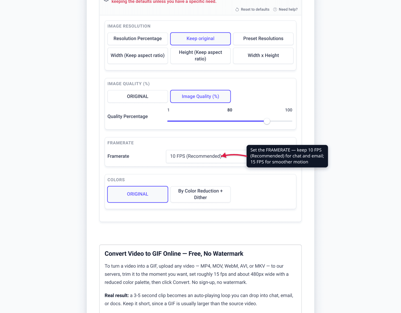 Set the FRAMERATE — keep 10 FPS (Recommended) for chat and email; 15 FPS for smoother motion