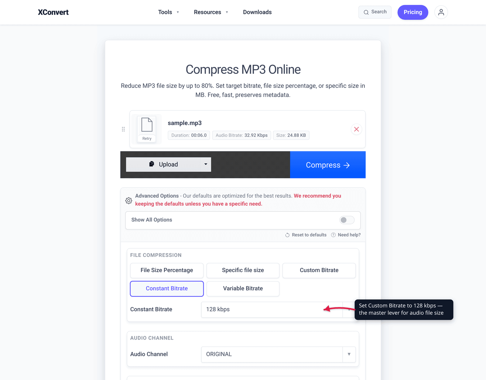 Set Custom Bitrate to 128 kbps — the master lever for audio file size