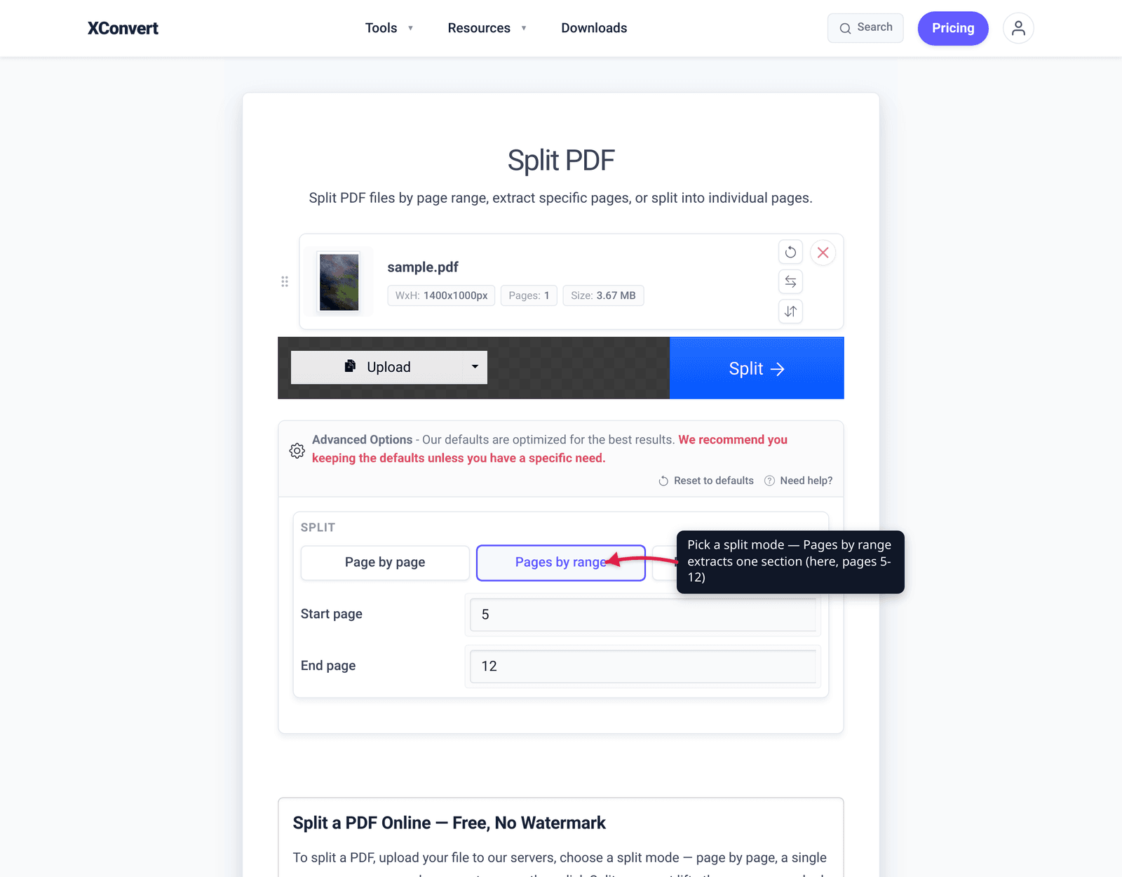 Pick a split mode — Pages by range extracts one section (here, pages 5-12)