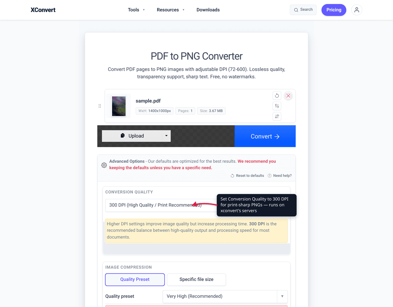 Set Conversion Quality to 300 DPI for print-sharp PNGs — runs on xconvert's servers