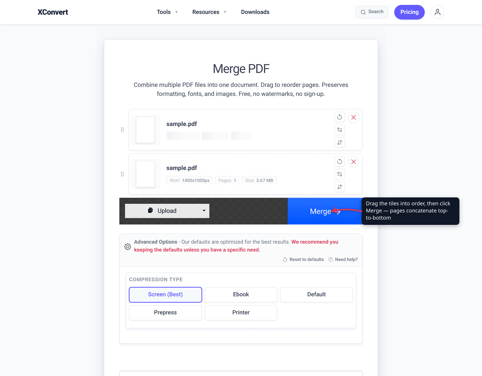 Drag the tiles into order, then click Merge — pages concatenate top-to-bottom