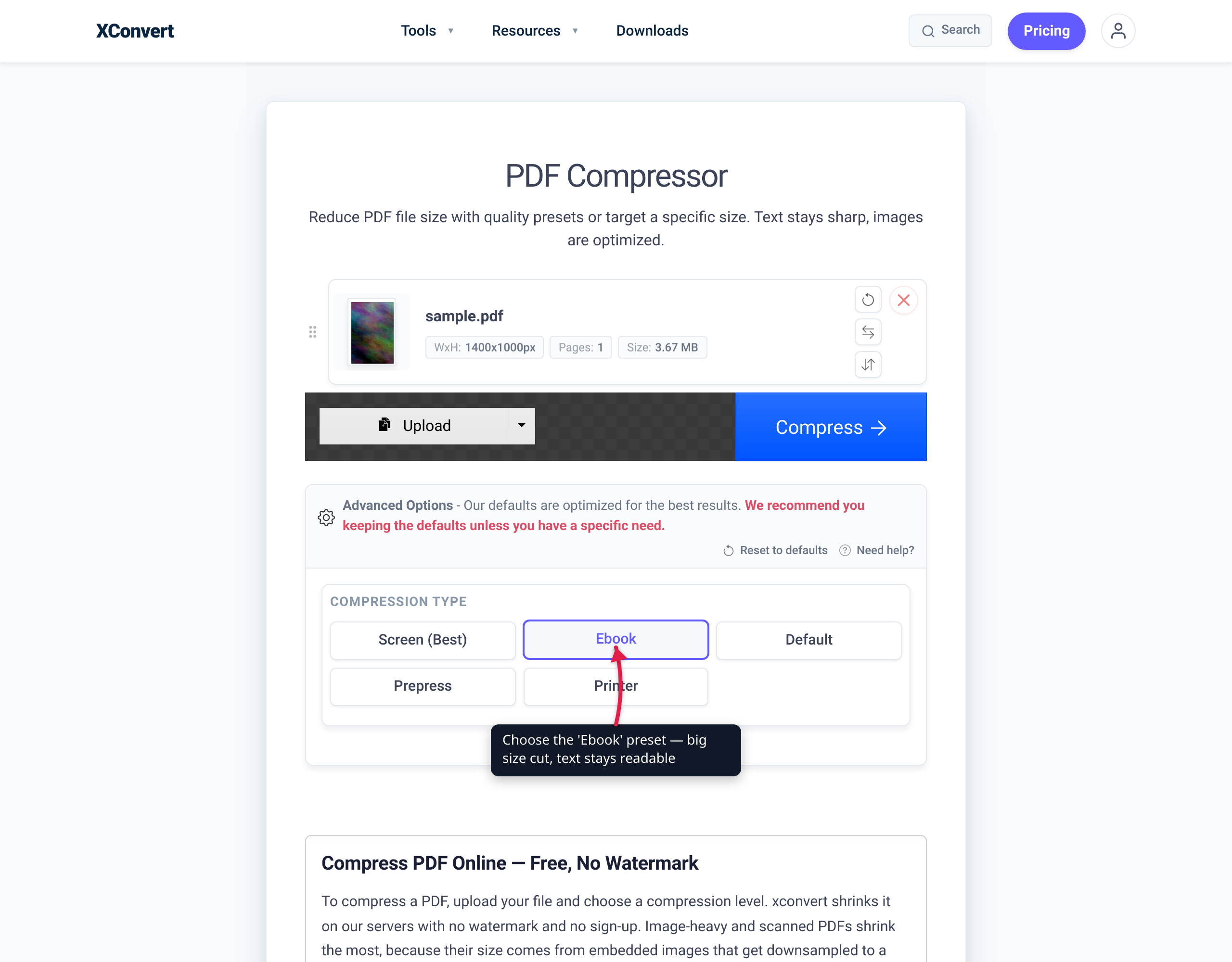 The xconvert PDF compressor with a PDF loaded and the 'Ebook' compression preset selected