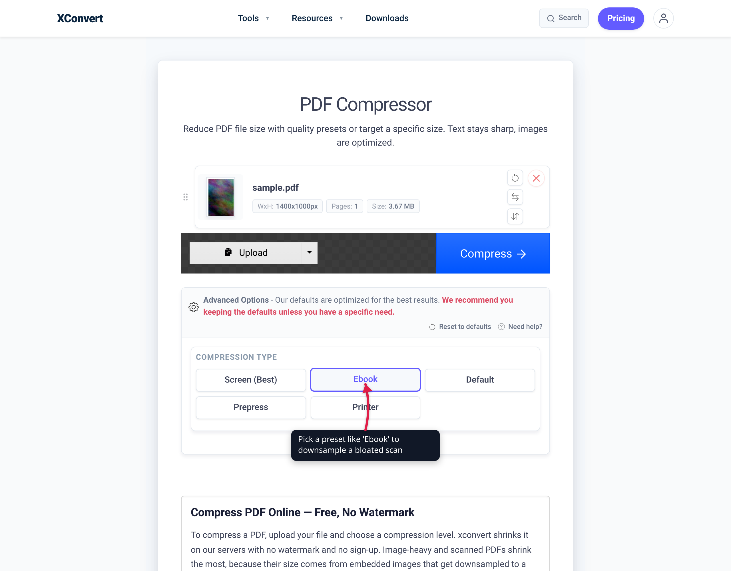 The xconvert PDF compressor with a scanned PDF loaded and the 'Ebook' downsampling preset selected