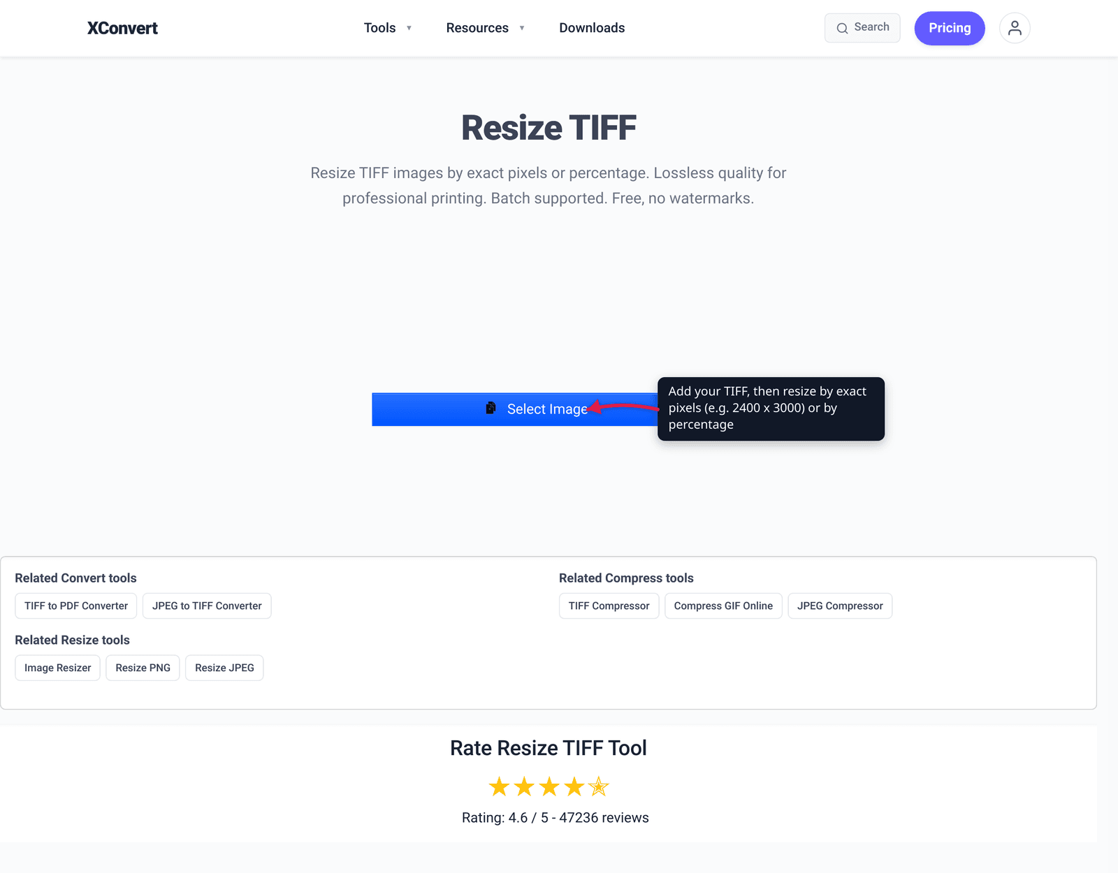 Add your TIFF, then resize by exact pixels (e.g. 2400 x 3000) or by percentage
