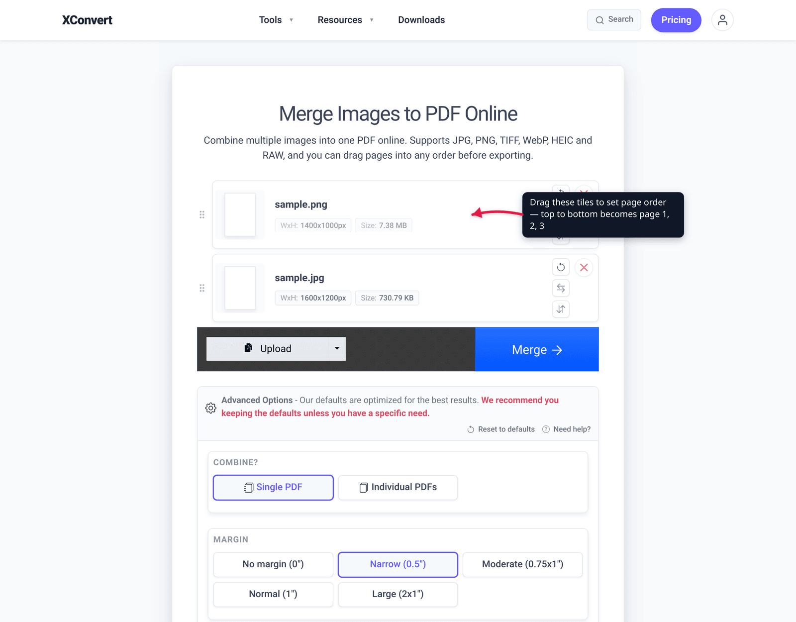 Drag these tiles to set page order — top to bottom becomes page 1, 2, 3