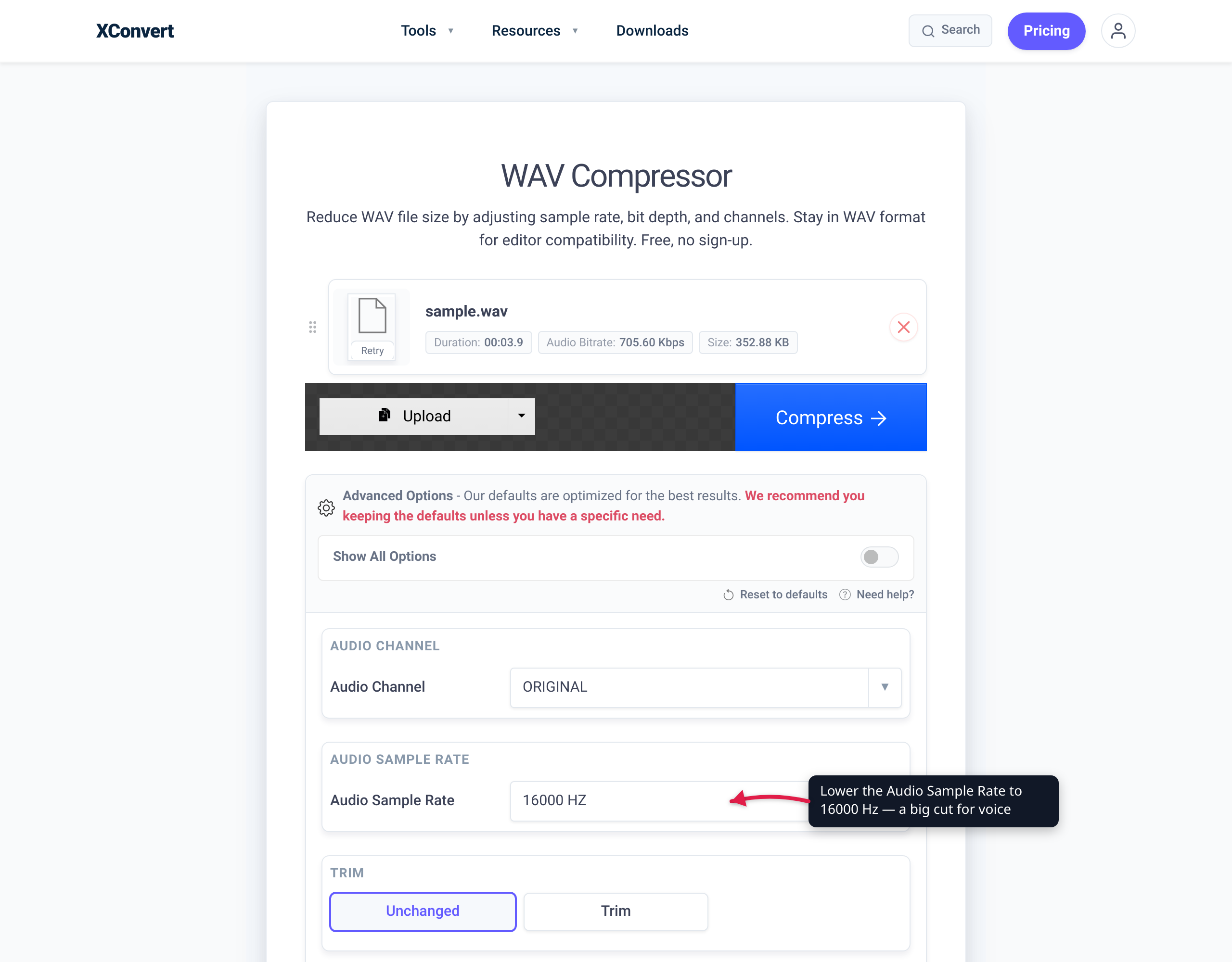 The xconvert WAV compressor with the Audio Sample Rate set down to 16000 Hz to shrink a voice recording