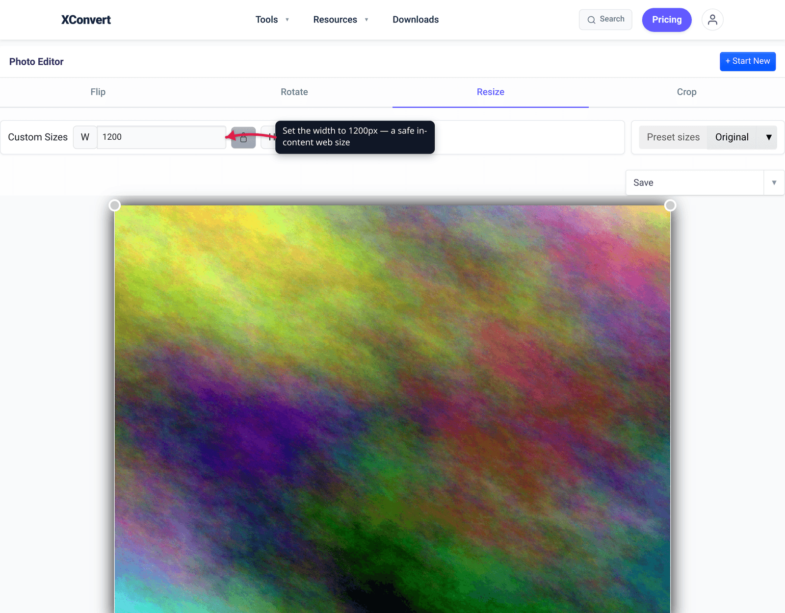 Set the width to 1200px — a safe in-content web size