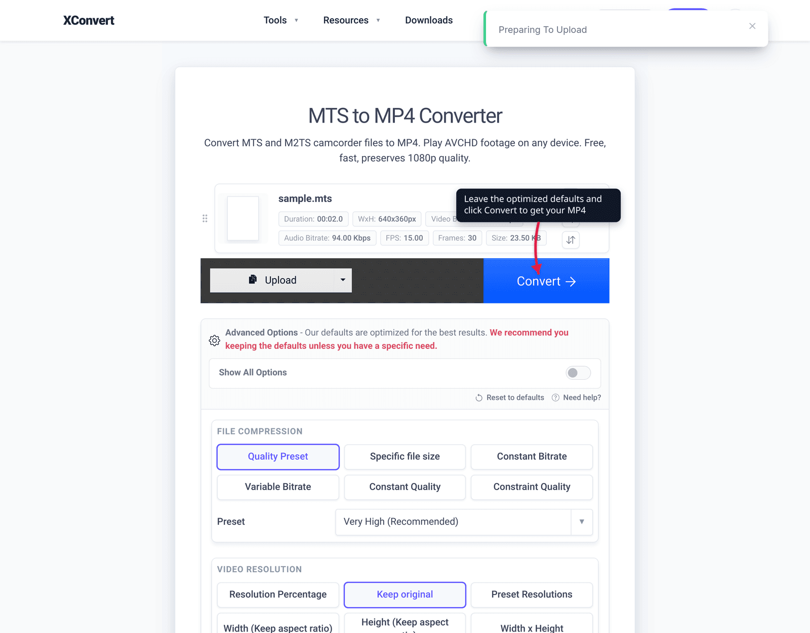 Leave the optimized defaults and click Convert to get your MP4