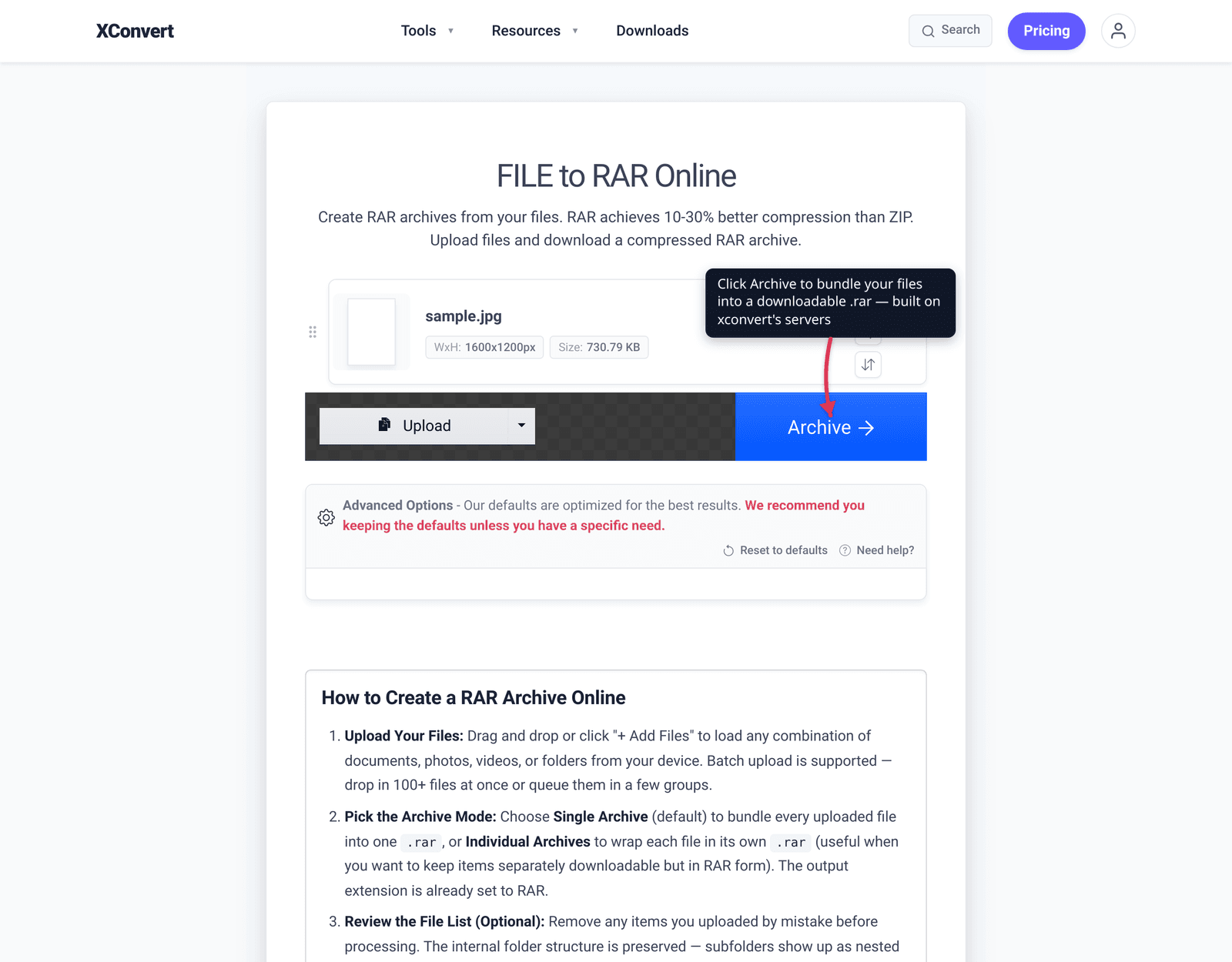 Click Archive to bundle your files into a downloadable .rar — built on xconvert's servers