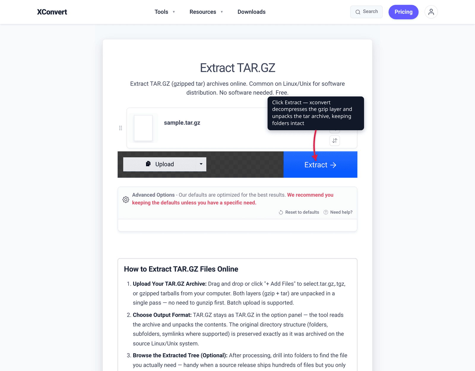 Click Extract — xconvert decompresses the gzip layer and unpacks the tar archive, keeping folders intact