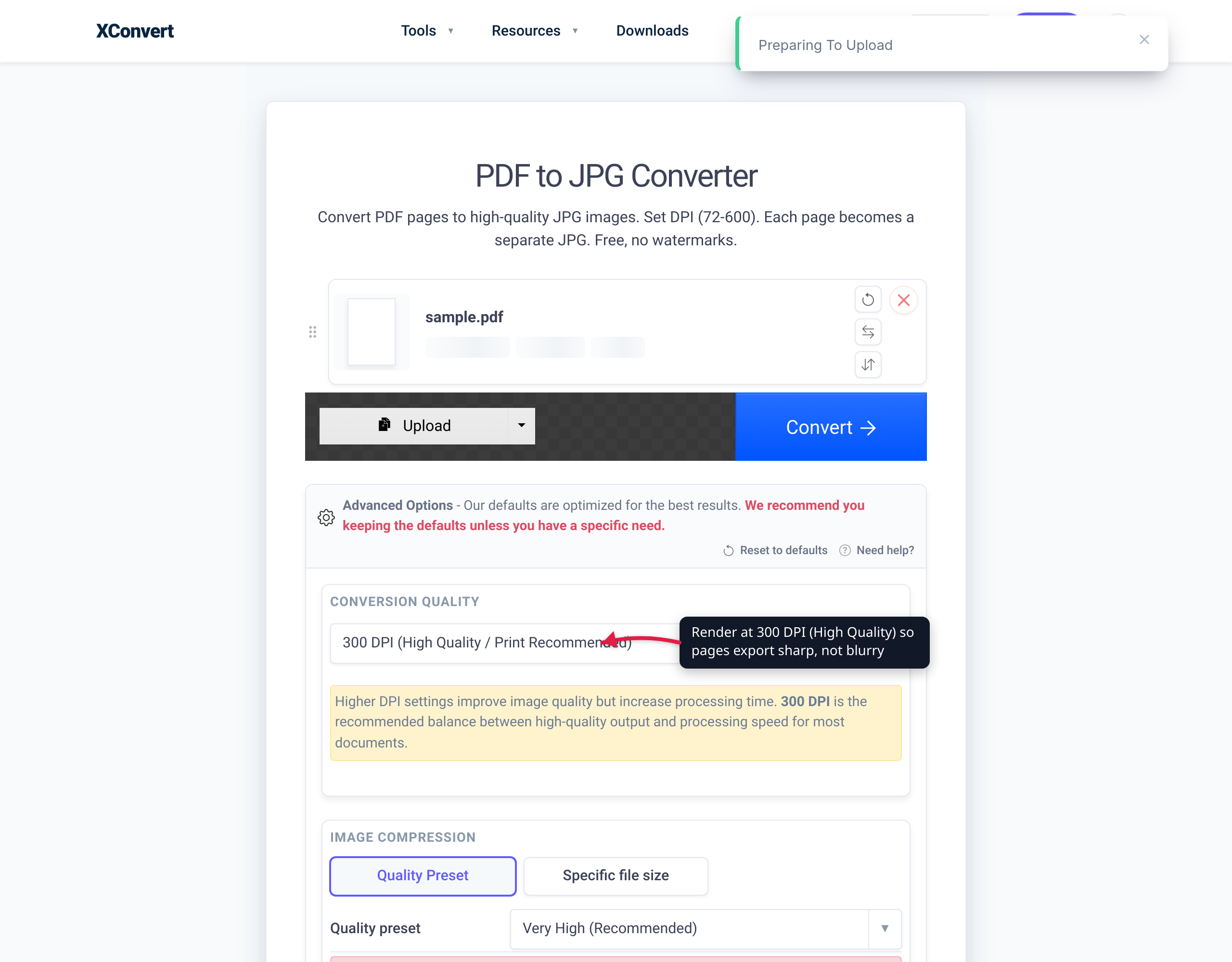 The xconvert PDF-to-JPG converter set to render pages at 300 DPI for sharp output
