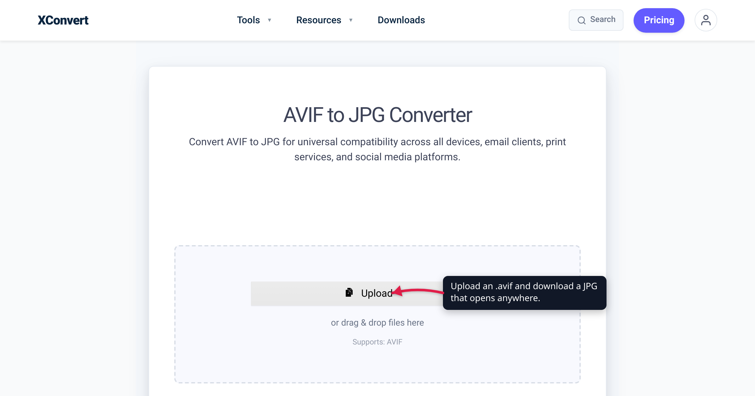 The xconvert AVIF to JPG converter at /convert-avif-to-jpg with the Upload button highlighted — upload an .avif and download a JPG that opens anywhere.