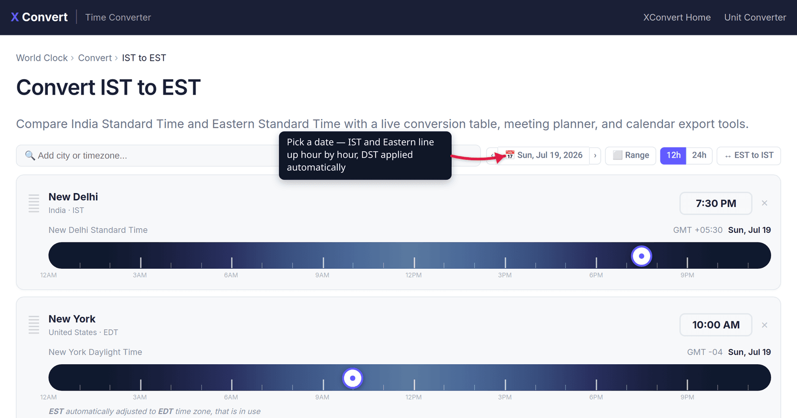 The xconvert IST to EST converter at /time-converter/ist-to-est-converter with the date picker highlighted — pick a date to line up India and US Eastern hours on one grid