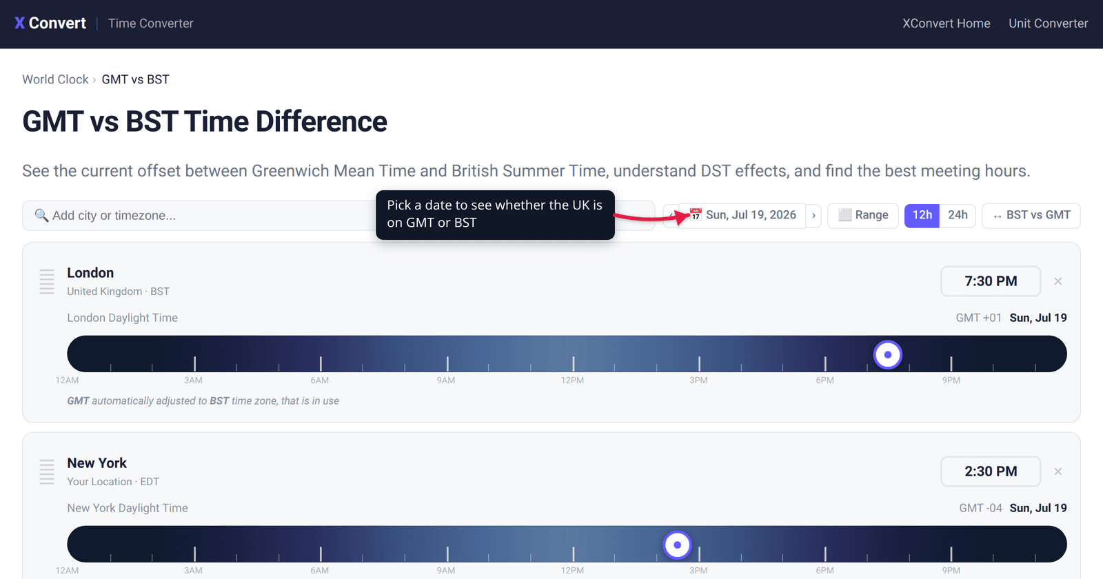 The xconvert GMT vs BST comparison at /time-converter/gmt-vs-bst with the date picker highlighted — pick a date to see whether the UK is on GMT or BST