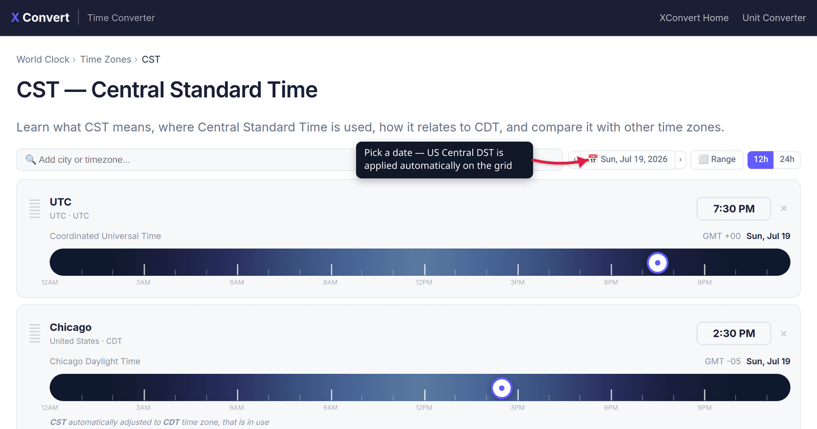 The xconvert CST time zone page at /time-converter/cst-time-zone with the date picker highlighted — compare US Central with China and Cuba on one hour grid