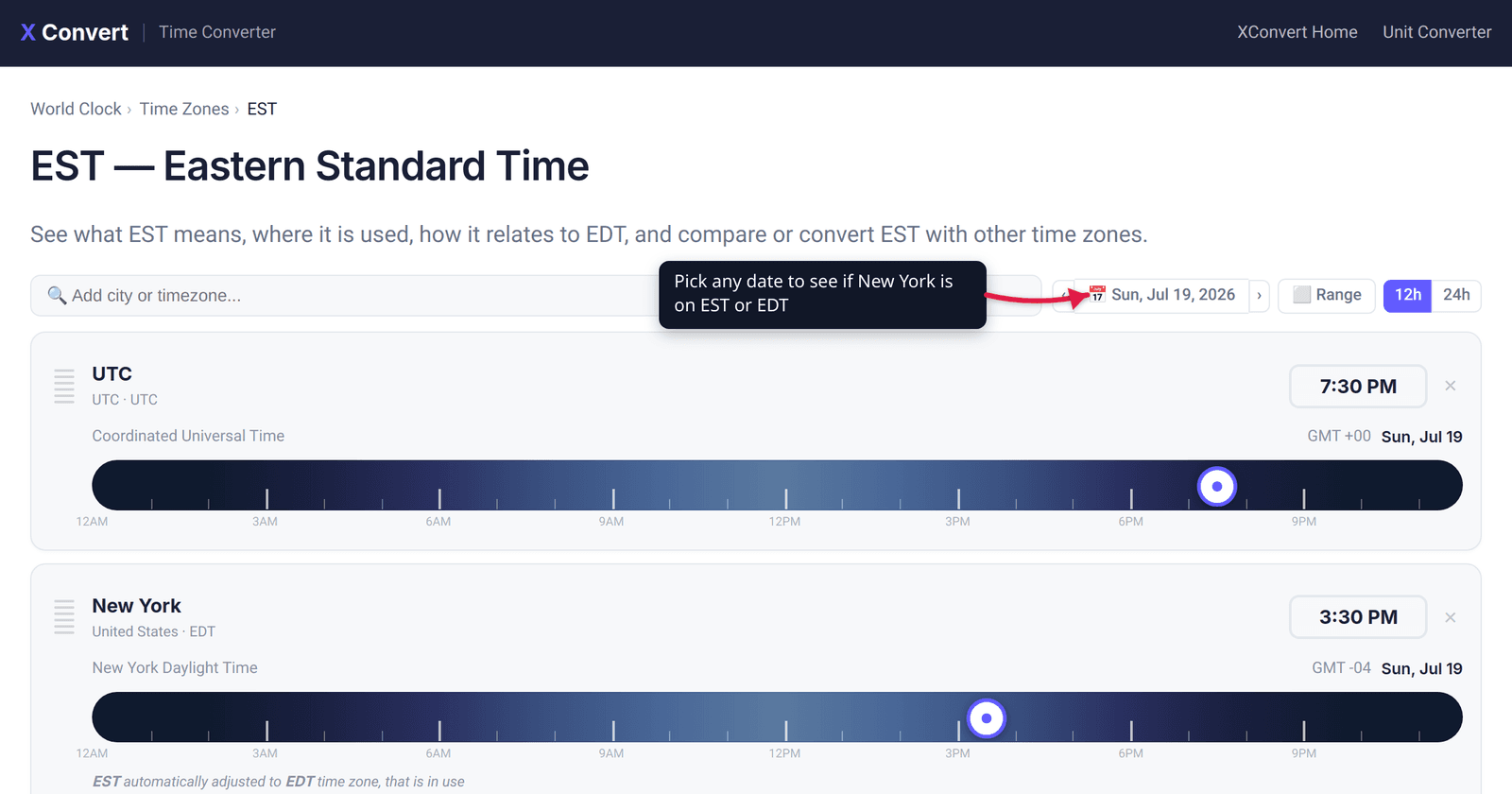 The xconvert EST time zone page at /time-converter/est-time-zone with the date picker highlighted — pick any date to see whether New York is on EST or EDT