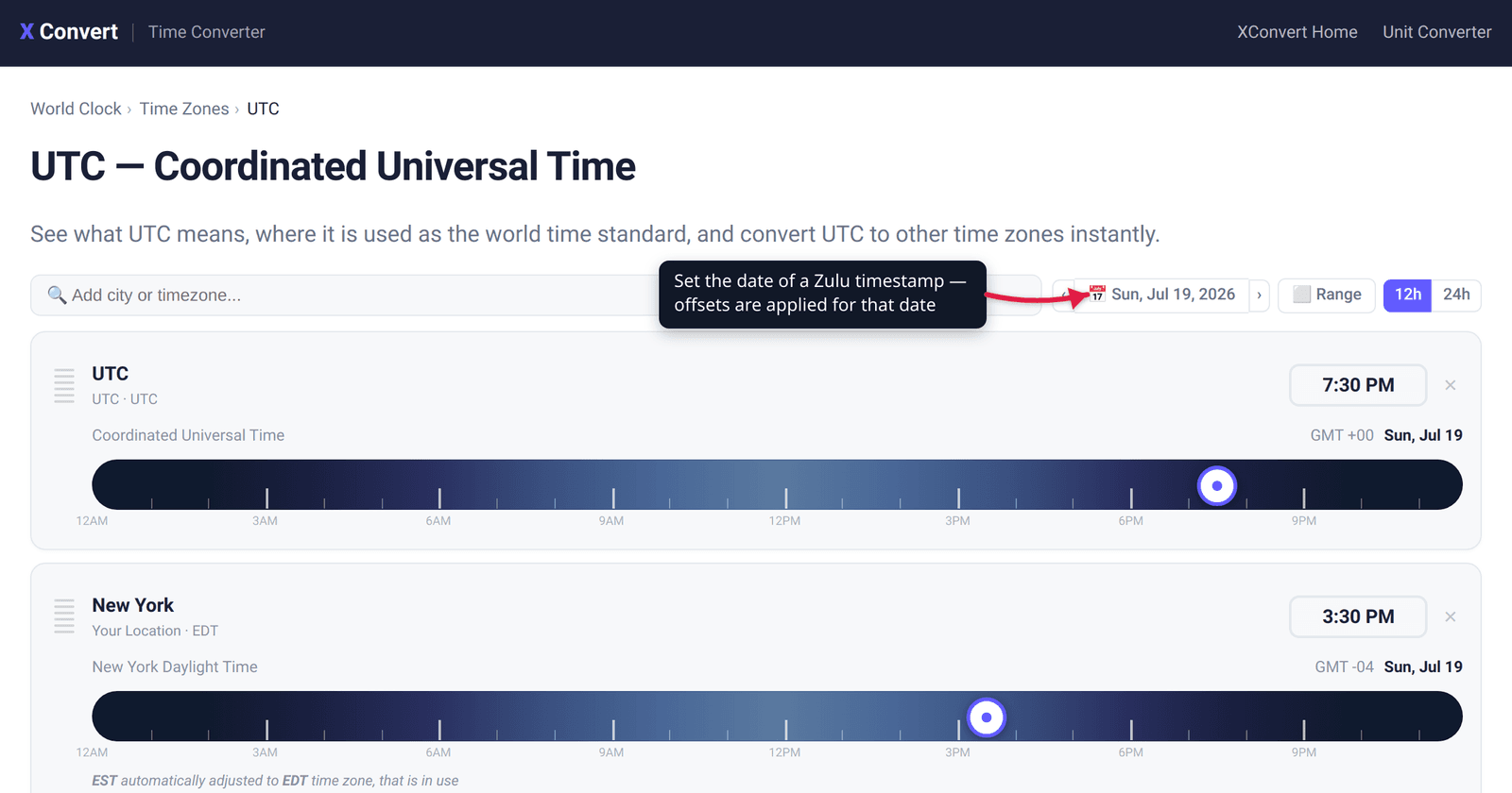The xconvert UTC time zone page at /time-converter/utc-time-zone with the date picker highlighted — line up Zulu (UTC) against your local zone hour by hour