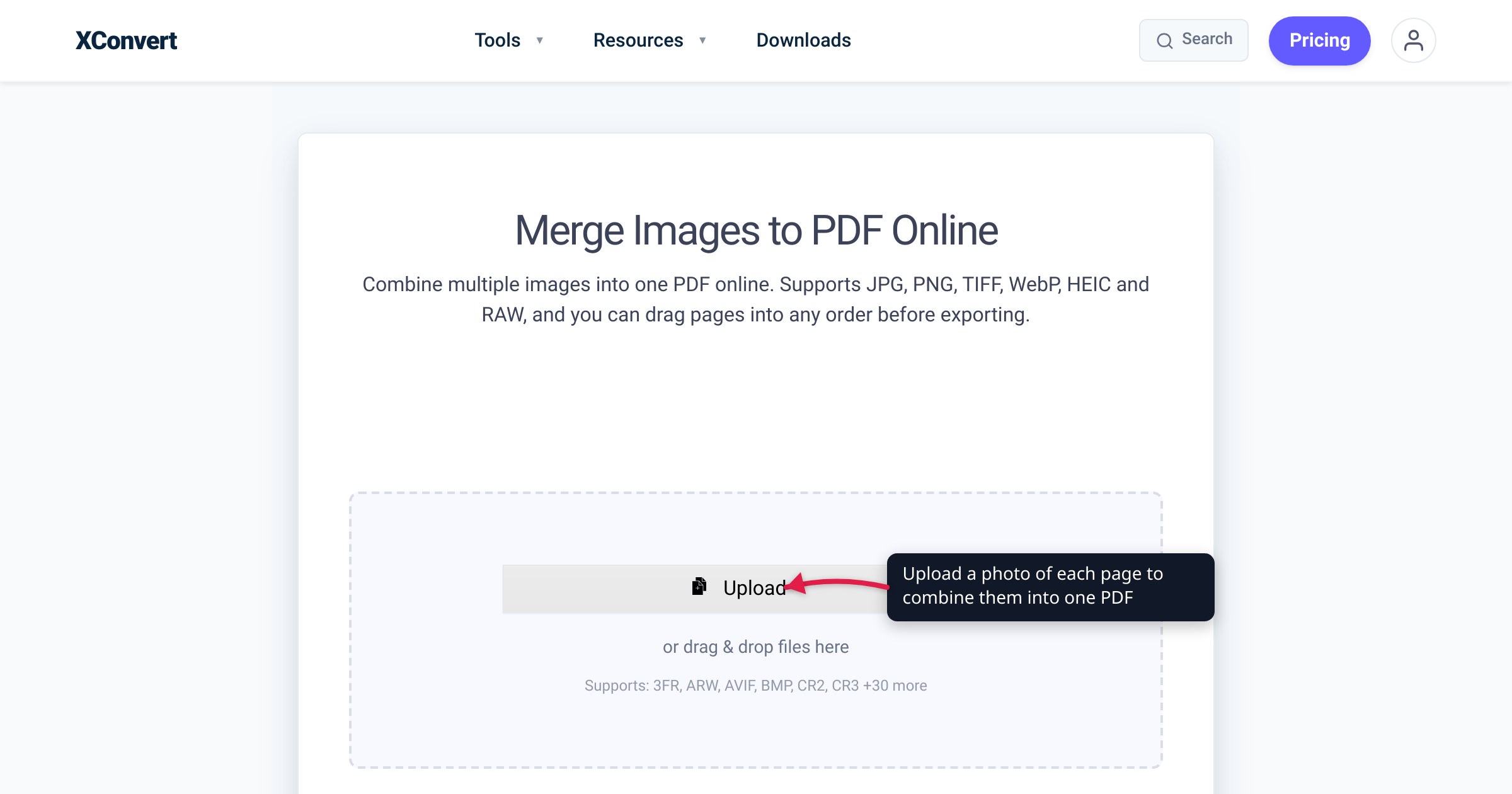 The xconvert Merge Images to PDF tool at /merge-image-to-pdf with the Upload button highlighted — upload a photo of each page to combine them into one PDF