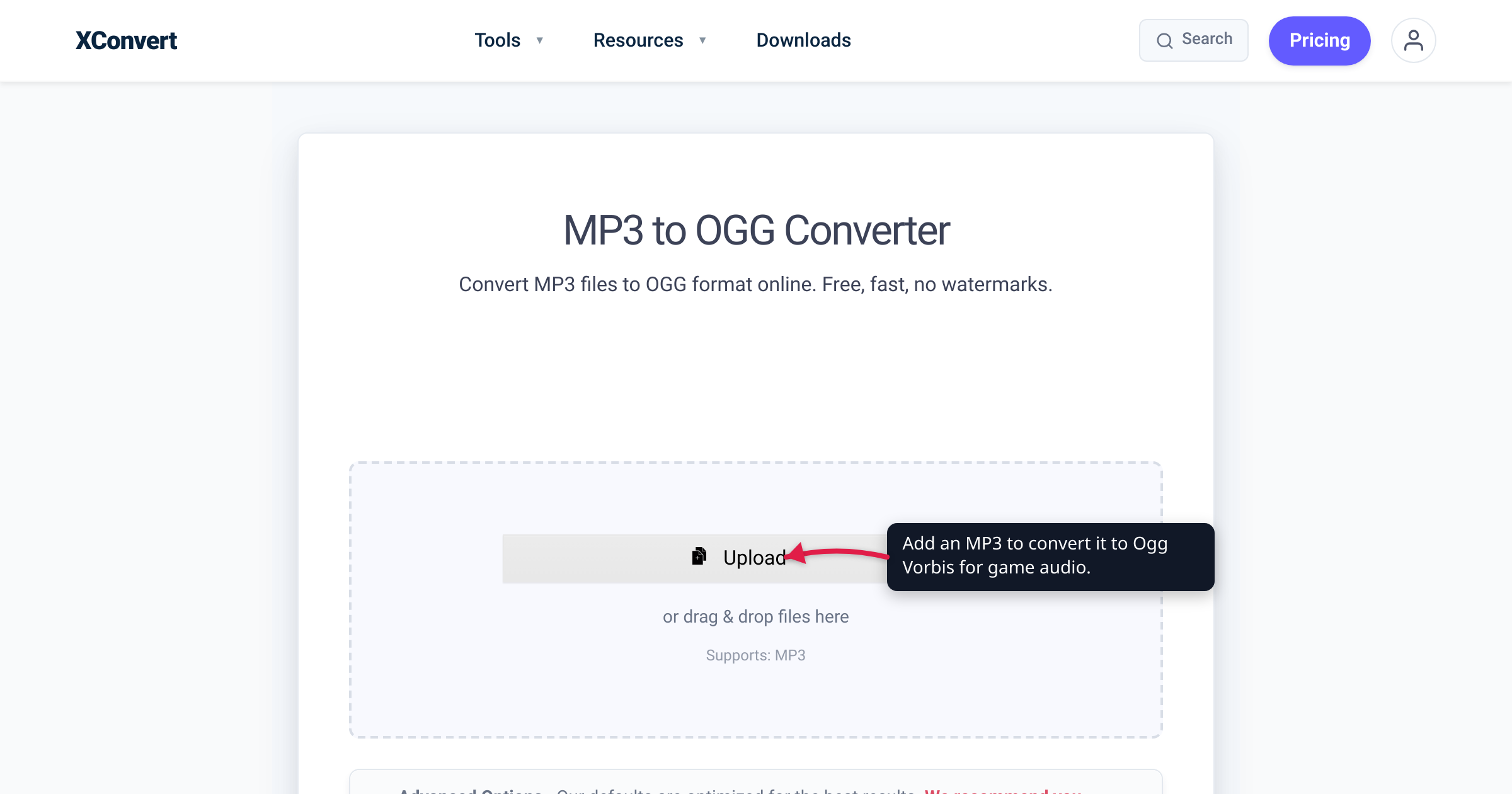 The xconvert MP3 to OGG converter at /convert-mp3-to-ogg with the Upload button highlighted — add an MP3 to convert it to Ogg Vorbis for game audio.